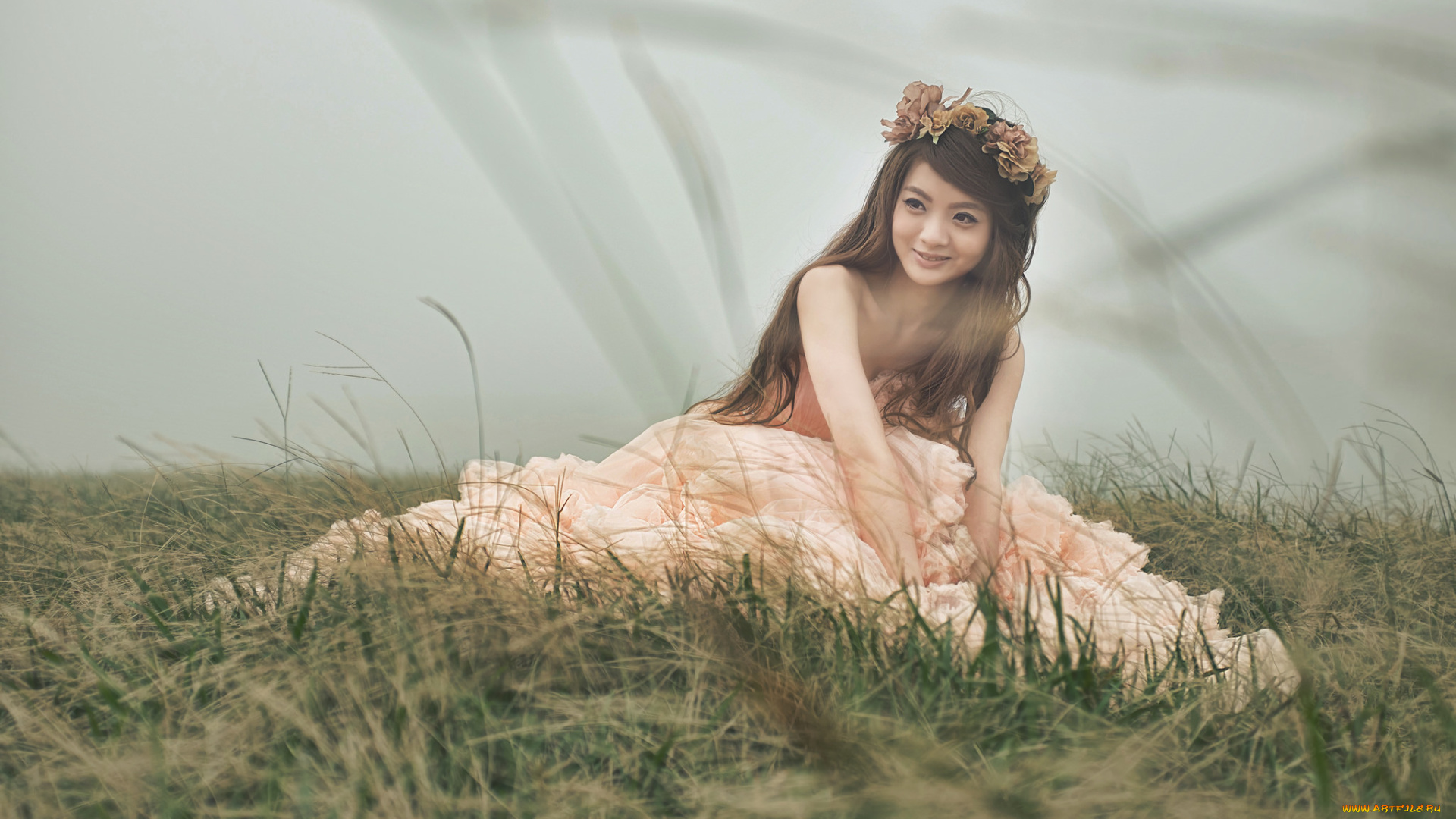 девушки, -unsort, , азиатки, свадебное, платье, поле, девушка, азиатка