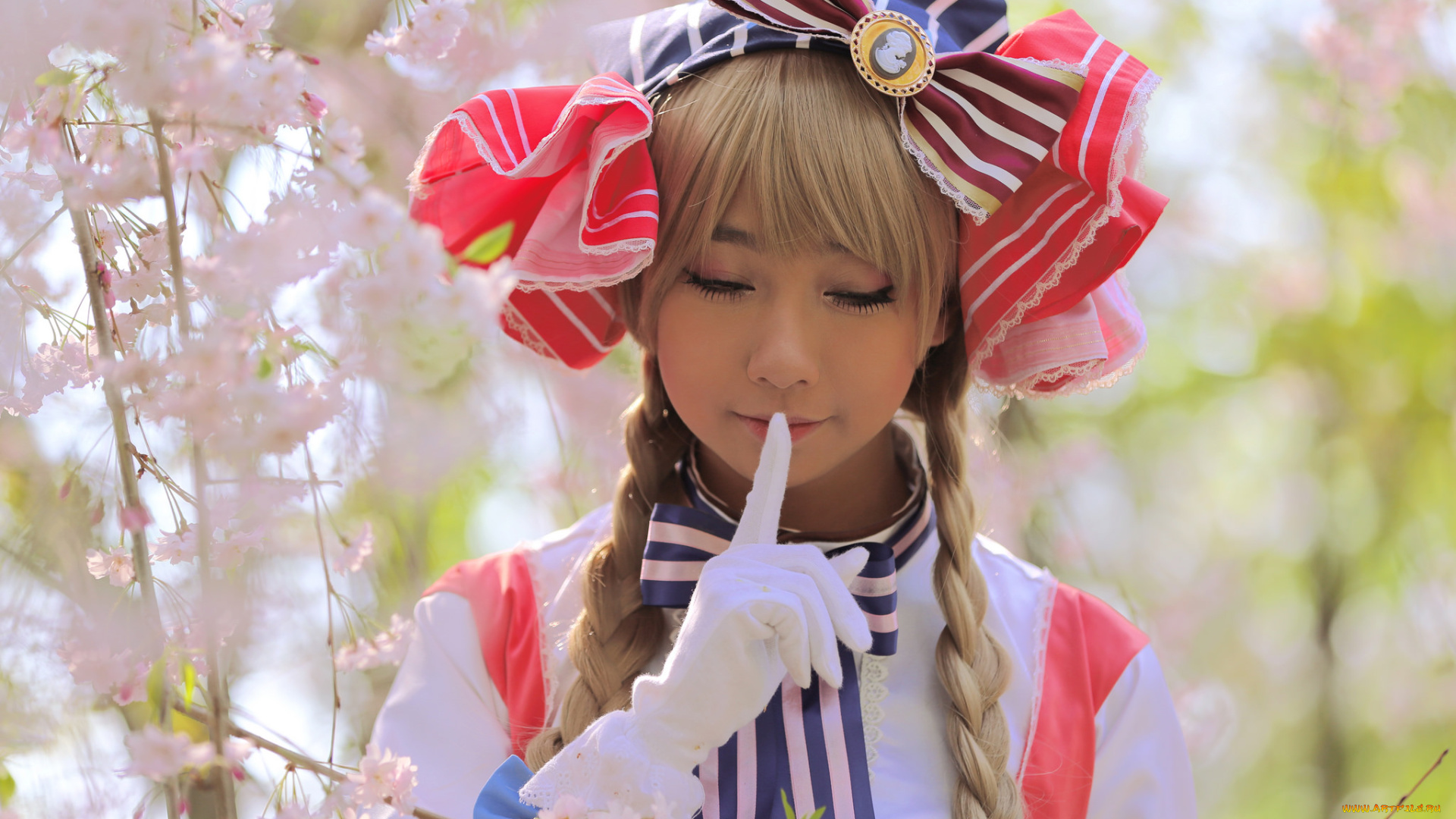 девушки, -unsort, , азиатки, жест, костюм, азиатка, банты