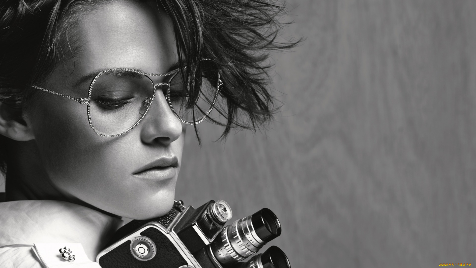 девушки, kristen, stewart, очки, фотоаппарат