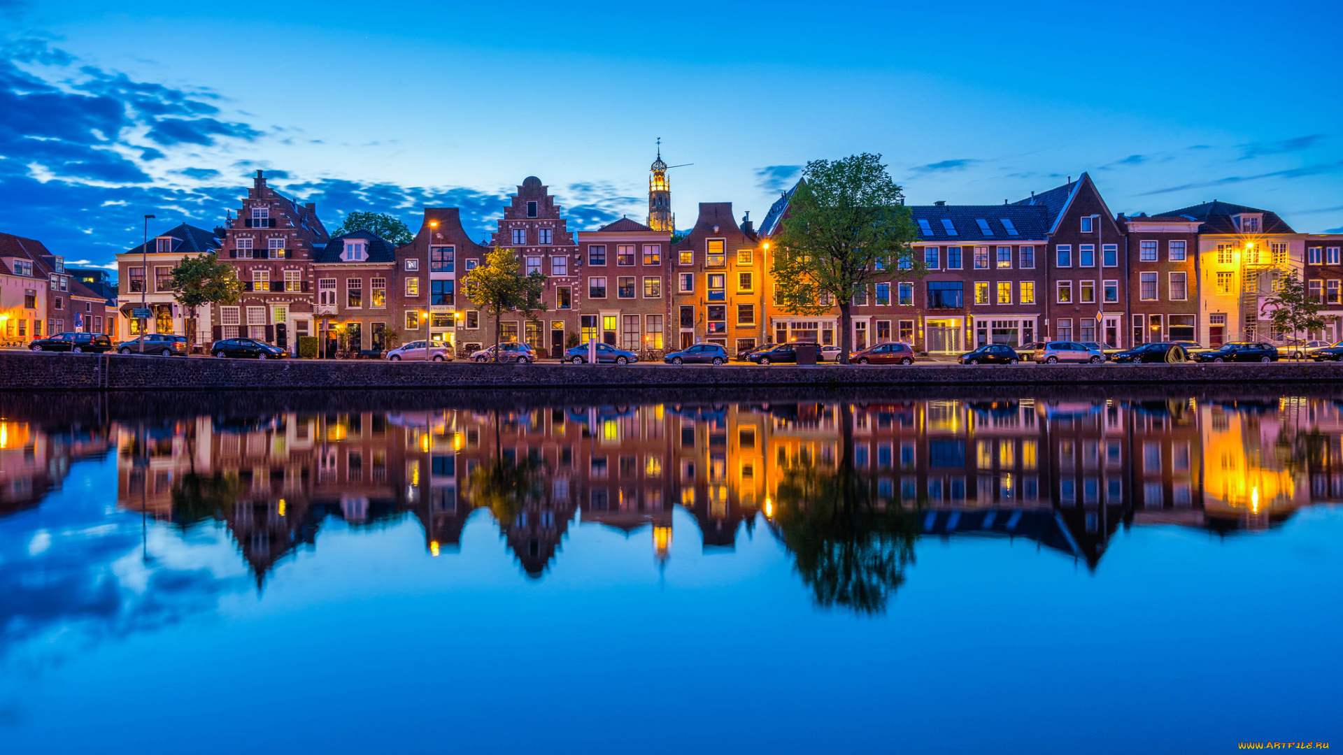 города, -, панорамы, haarlem, netherlands, spaarne, river, харлем, нидерланды, река, спарне, отражение, набережная, здания, машины