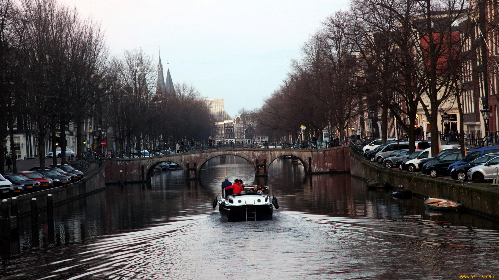 города, амстердам, , нидерланды, канал, лодка, мост