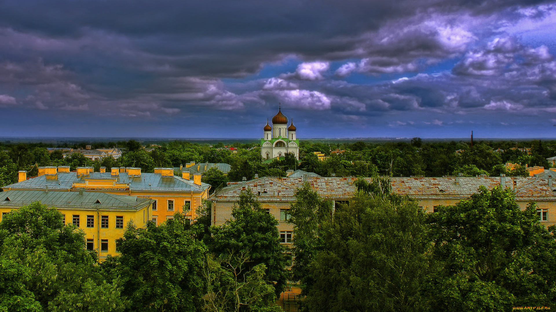 города, санкт-петербург, , петергоф, , россия, пушкин, екатерининский, собор, здания, деревья, облака, панорама
