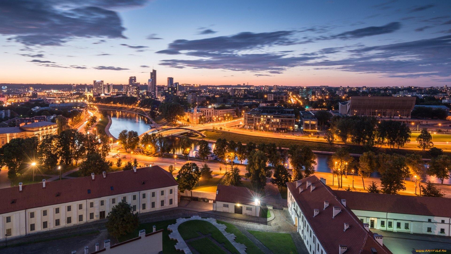города, вильнюс, , литва, vilnius, lithuania, вильнюс, ночной, город, панорама