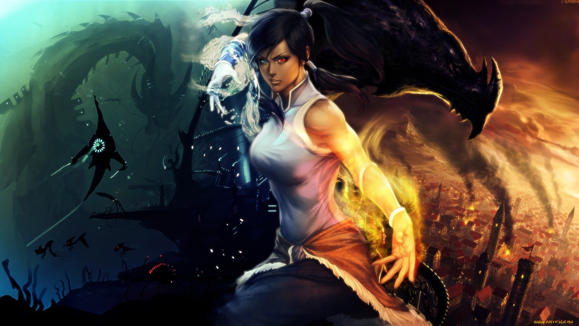 мультфильмы, -, avatar, стихия, девушка, гетерохромия, korra, avatar, the, legend, of, здания, магия, дракон, огонь, вода