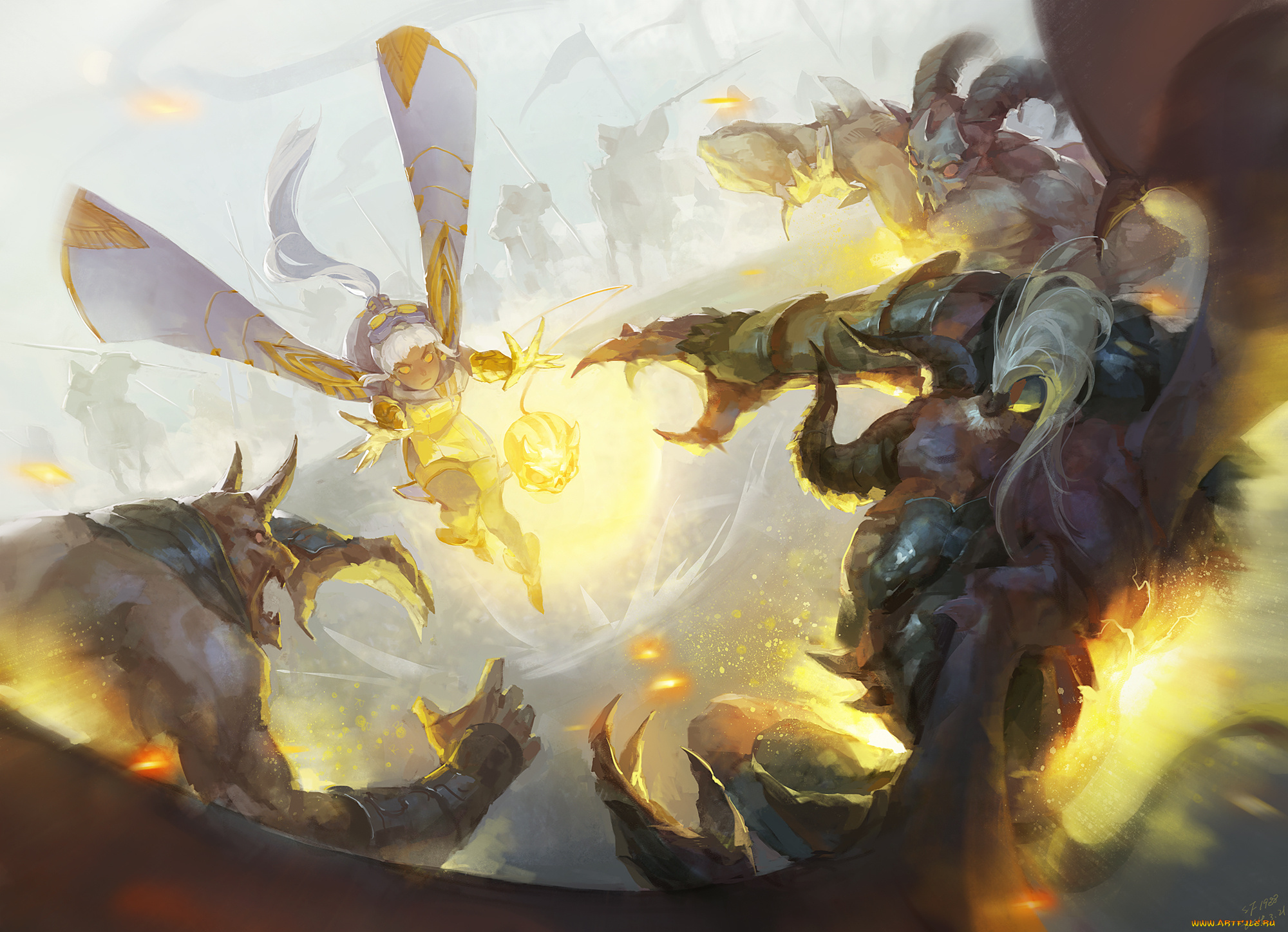 аниме, животные, , существа, бой, девушка, арт, монстры, свет, магия, anime