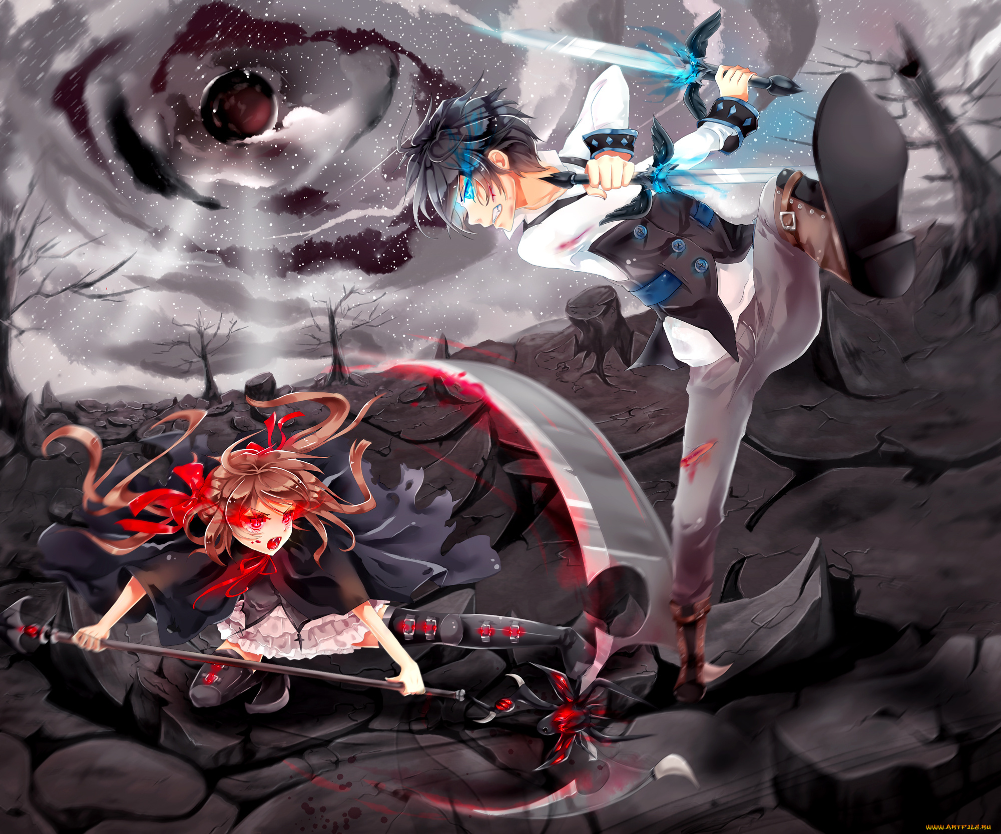 аниме, оружие, , техника, , технологии, меч, кровь, царапины, раны, деревья, клыки, облака, коса, парень, девушка, небо, арт