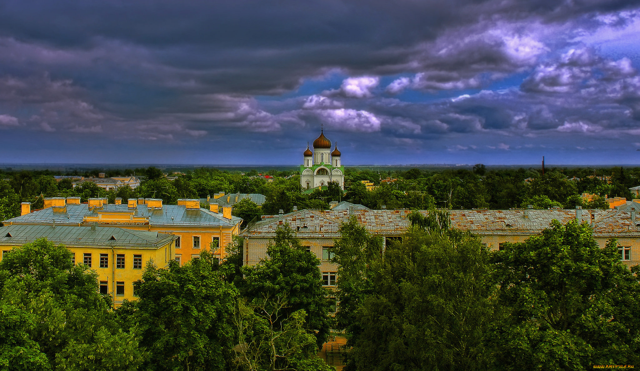 города, санкт-петербург, , петергоф, , россия, пушкин, екатерининский, собор, здания, деревья, облака, панорама