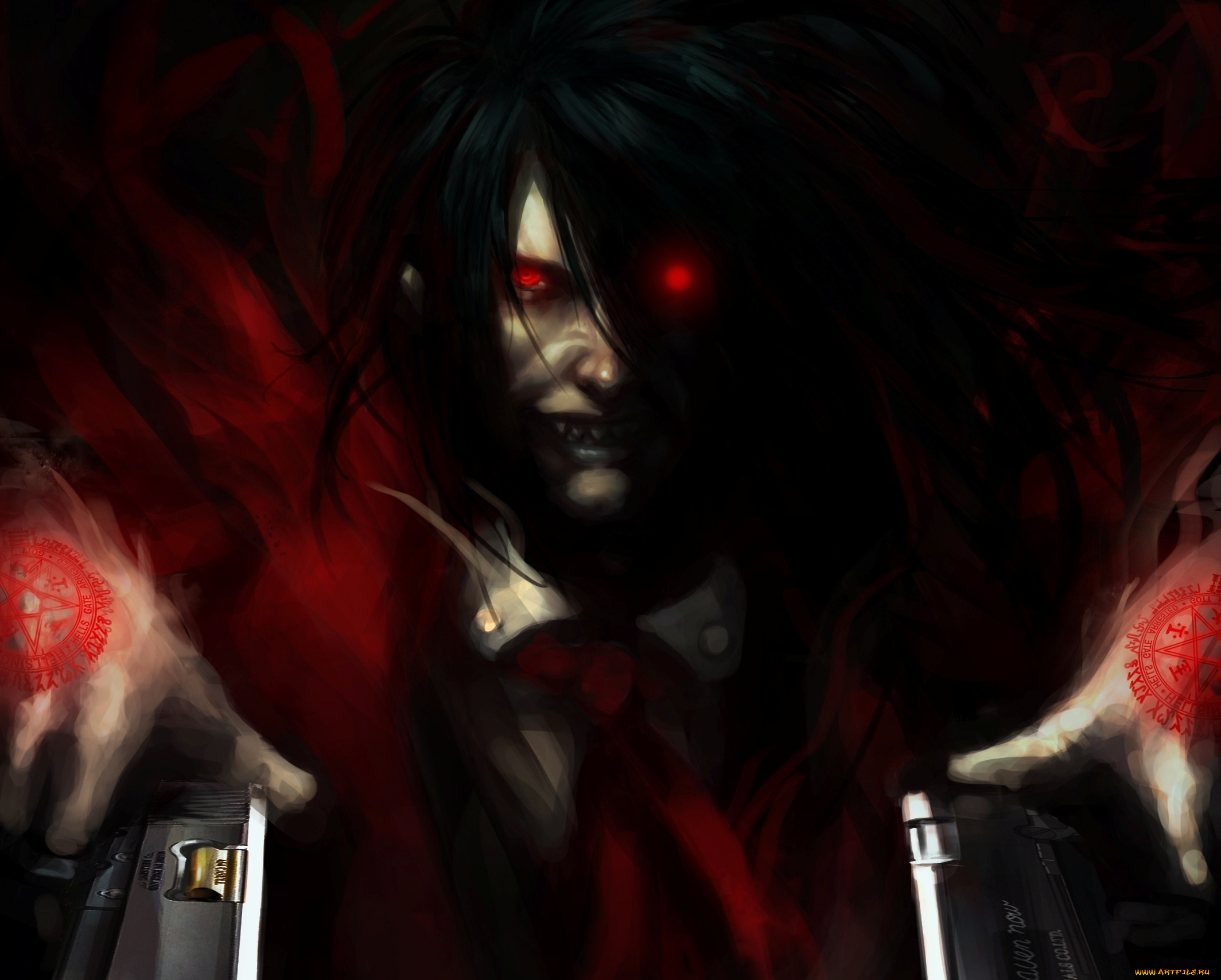 аниме, hellsing, vampire, вампир, парень, арт, leopinheiro, пентаграммы, пистолеты, зубы, alucard, красные, глаза