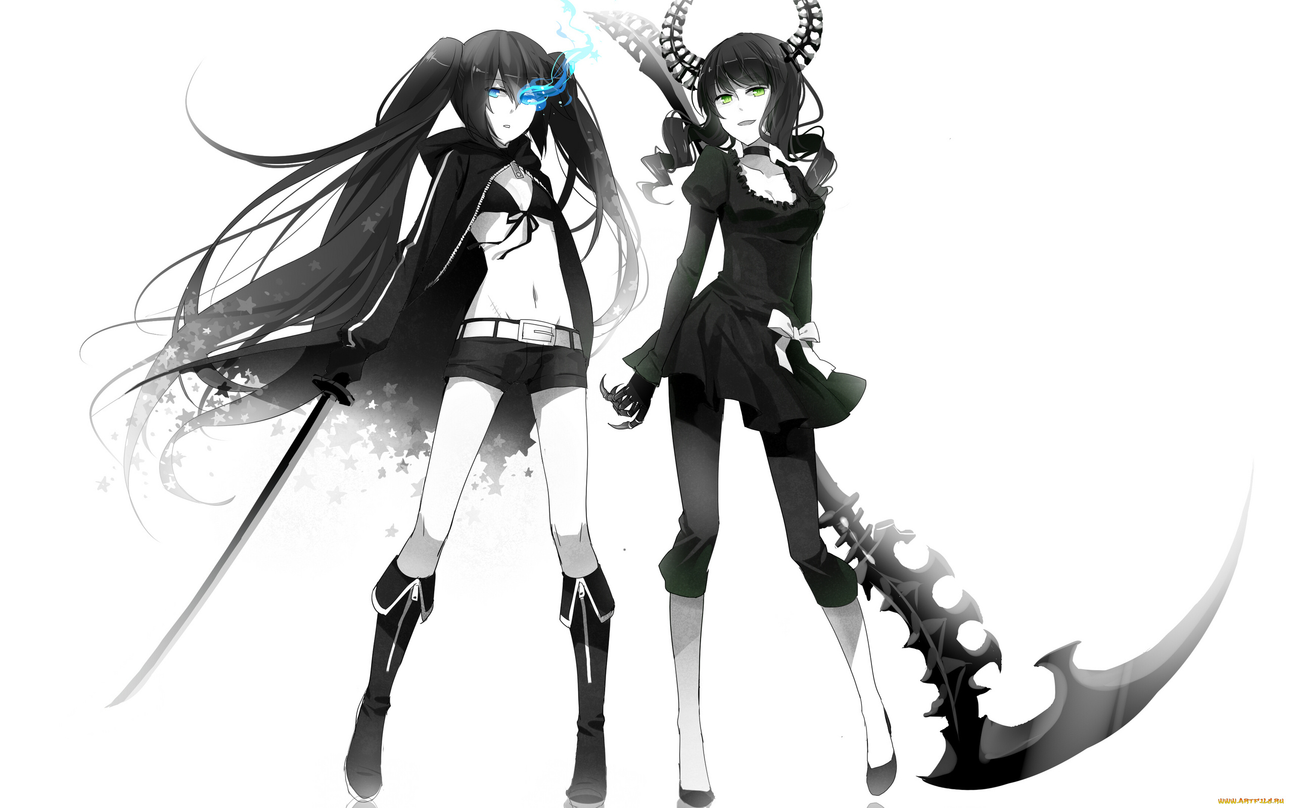 аниме, оружие, , техника, , технологии, катана, black, rock, shooter, rella, девушки, takanashi, yomi, стрелок, с, черной, скалы, рога, kuroi, mato, улыбка, арт
