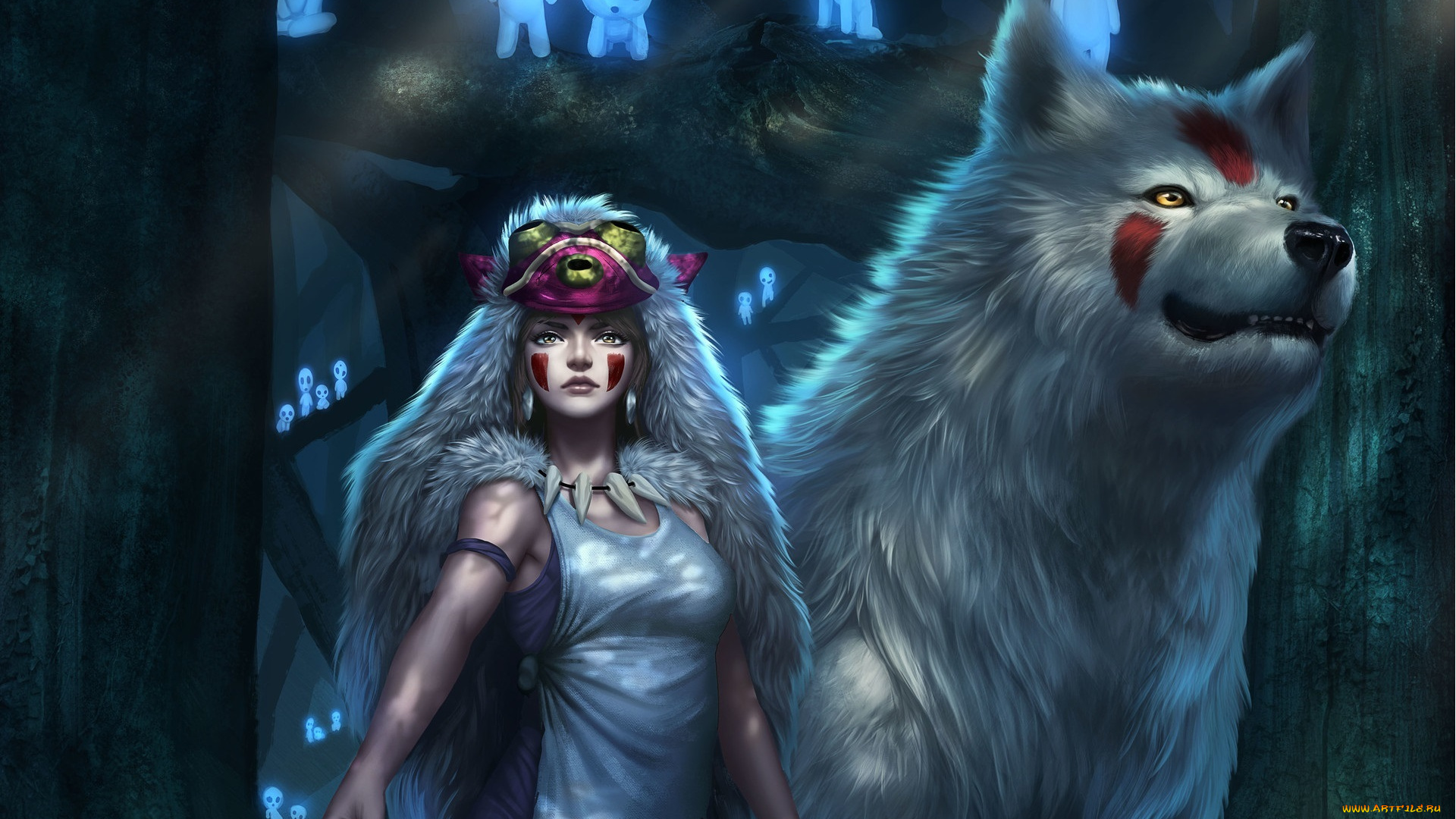 аниме, mononoke, hime, взгляд, princess, mononoke, шкура, волк, лес, девушка, арт