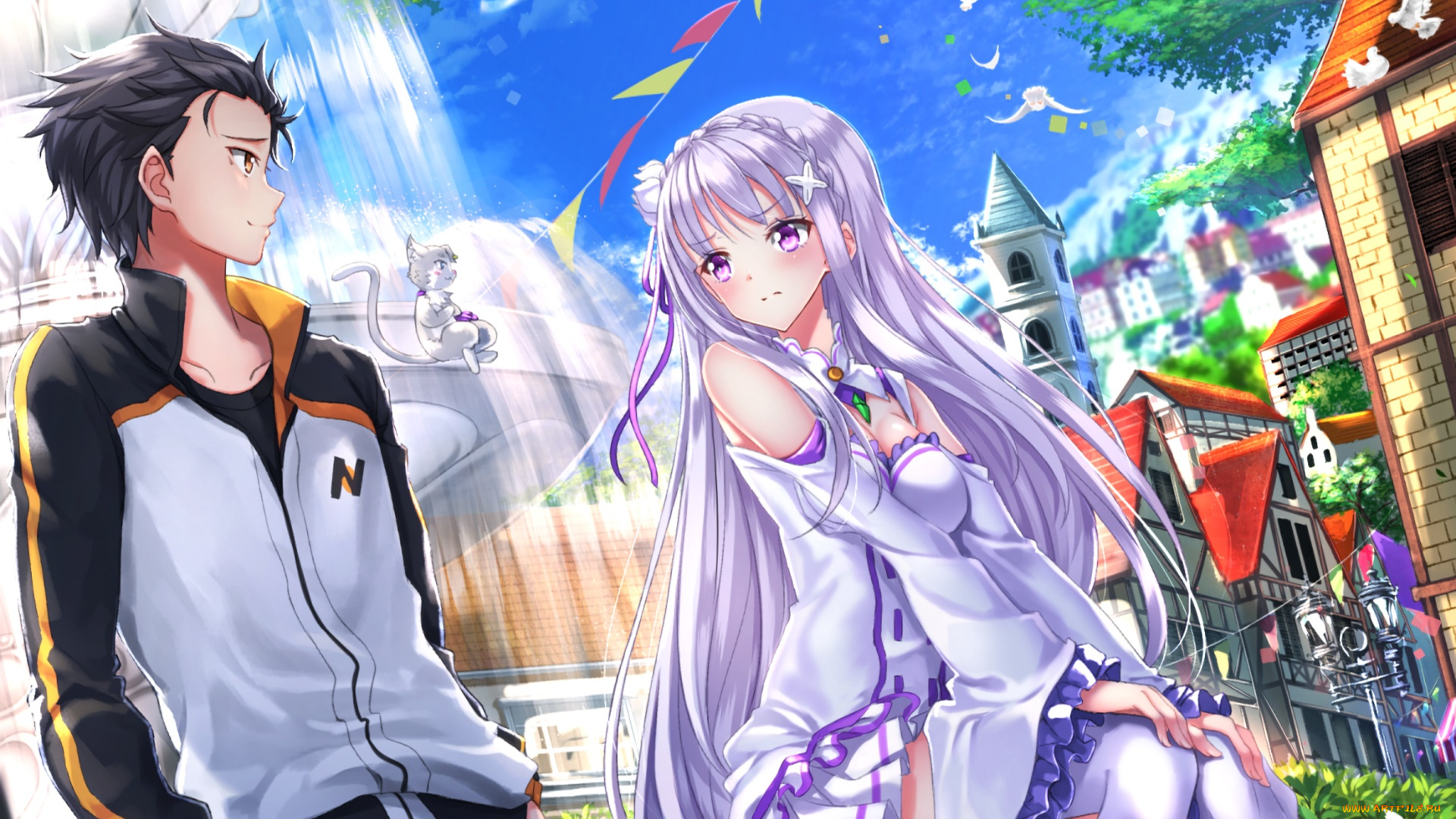 аниме, re, , zero, kara, hajimeru, isekai, seikatsu, парень, взгляд, фон, девушка