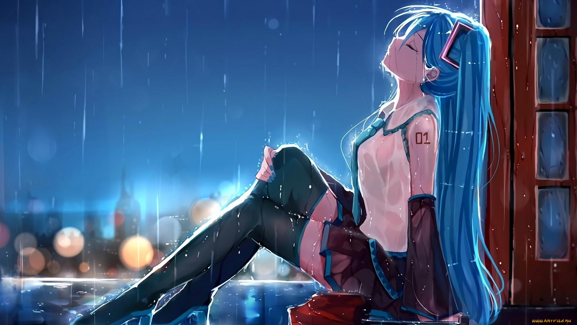аниме, vocaloid, арт, hatsune, miku, дождь, девушка, капли, зонт, форма, город, огни, дома