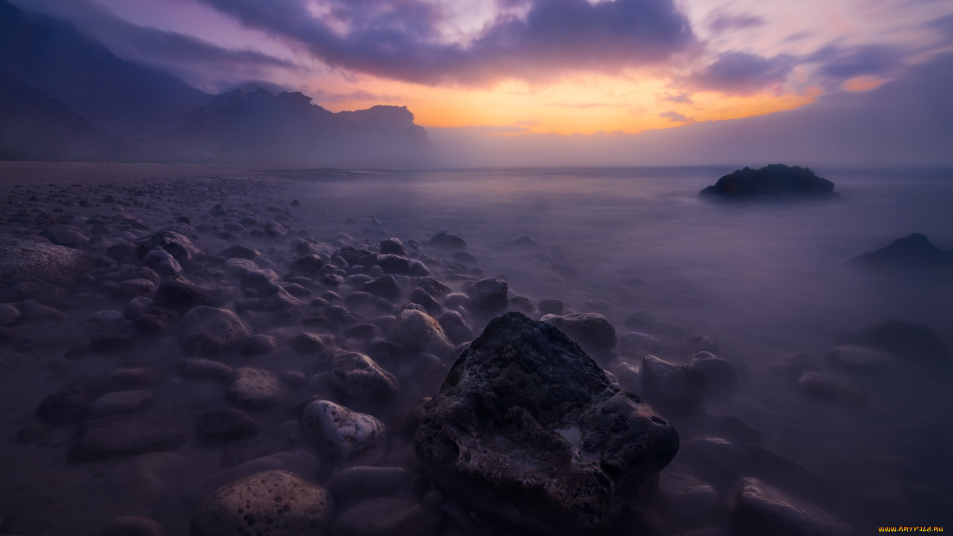 природа, побережье, камни, берег, туман, озеро, рассвет, утро