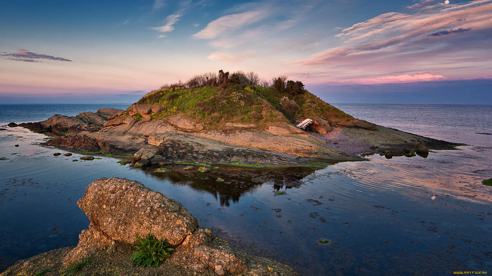 природа, побережье, море, островок, закат