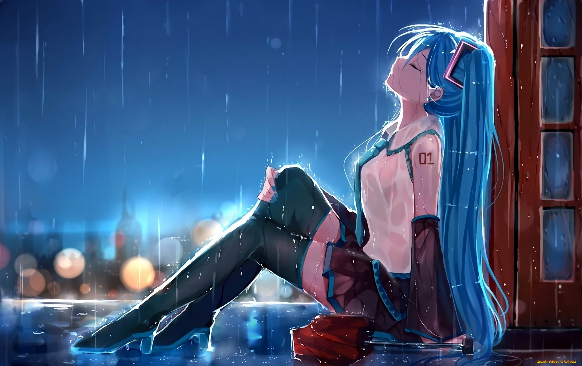аниме, vocaloid, арт, hatsune, miku, дождь, девушка, капли, зонт, форма, город, огни, дома