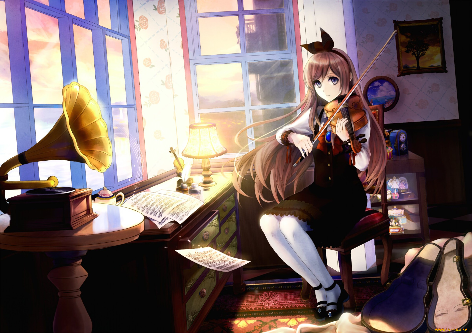 аниме, музыка, фон, взгляд, девушка