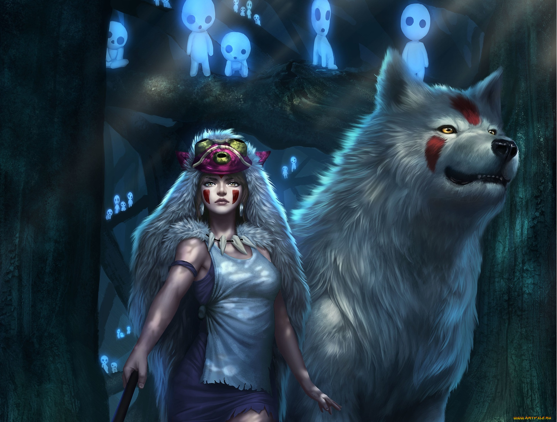аниме, mononoke, hime, взгляд, princess, mononoke, шкура, волк, лес, девушка, арт