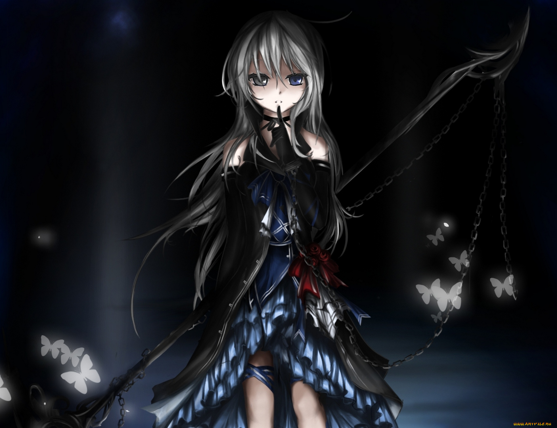 аниме, оружие, , техника, , технологии, арт, closedbox, девушка, коса, бабочки, цепи, гетерохромия