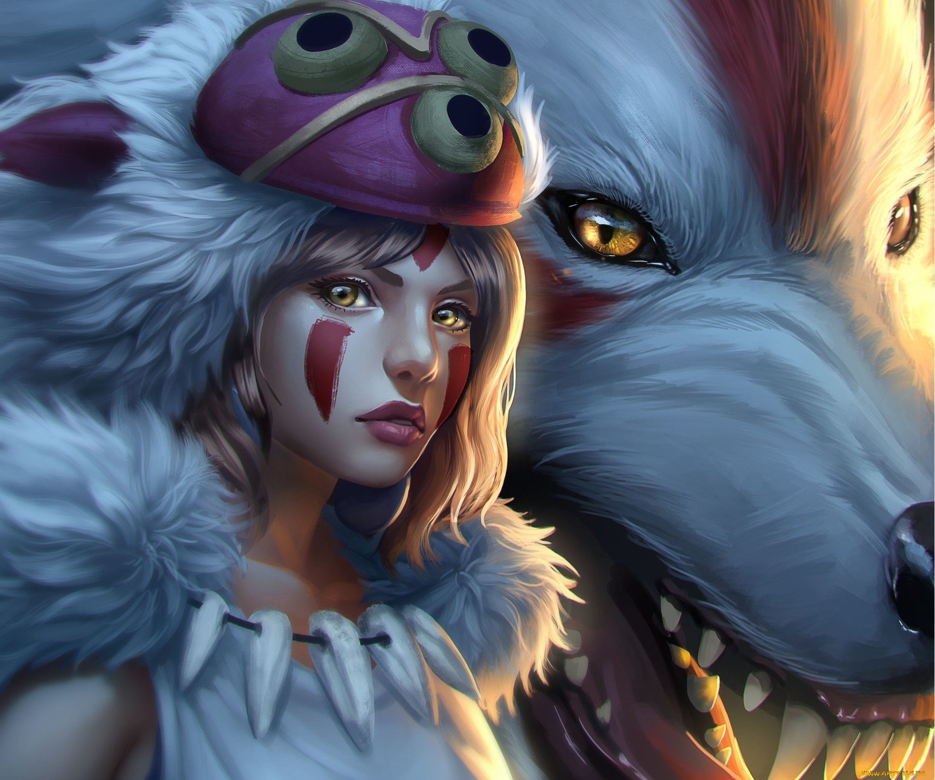 аниме, mononoke, hime, девушка, арт, белый, волк, princess, mononoke, взляд