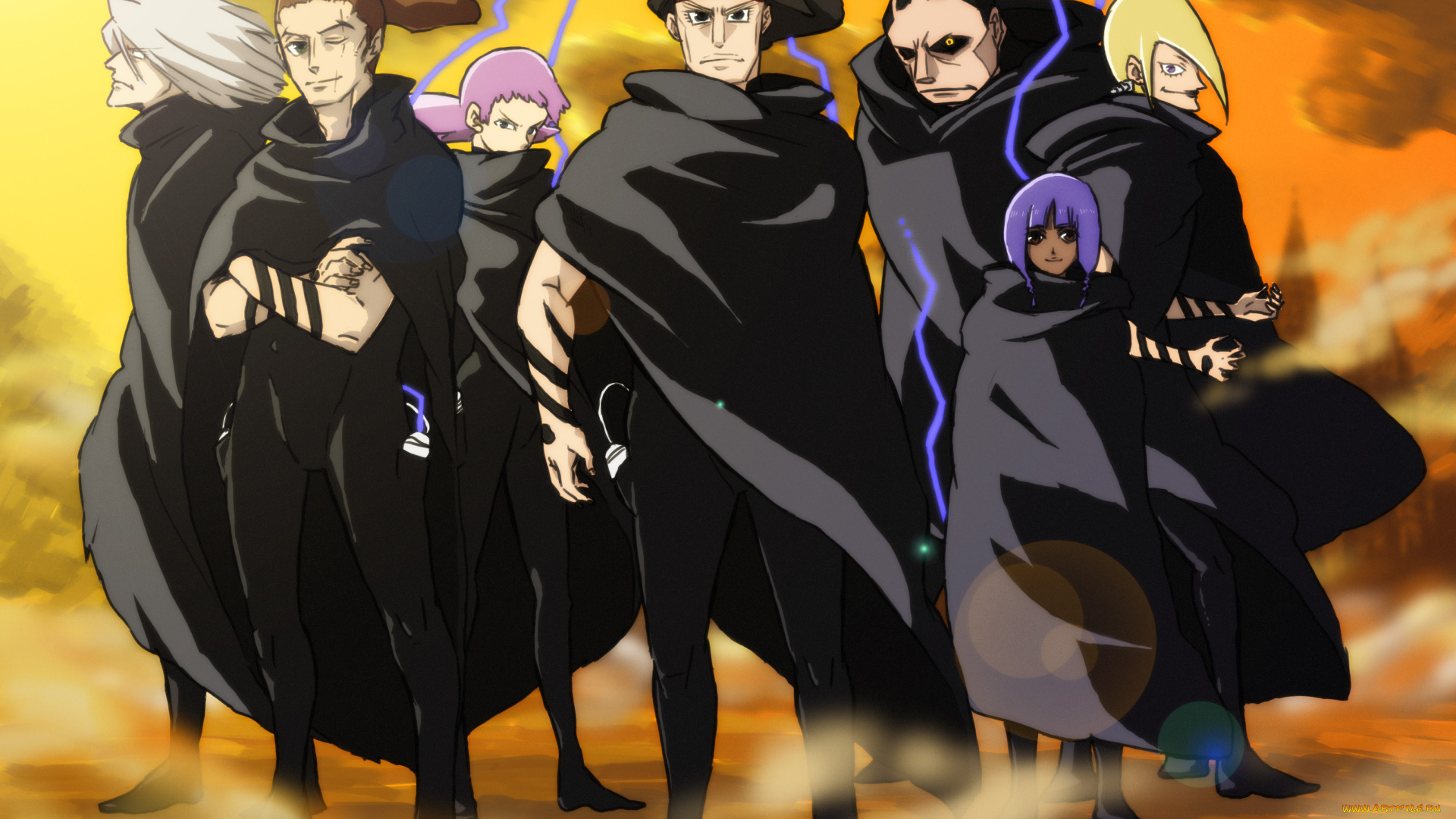 аниме, noein, туман, плащи, персонажи