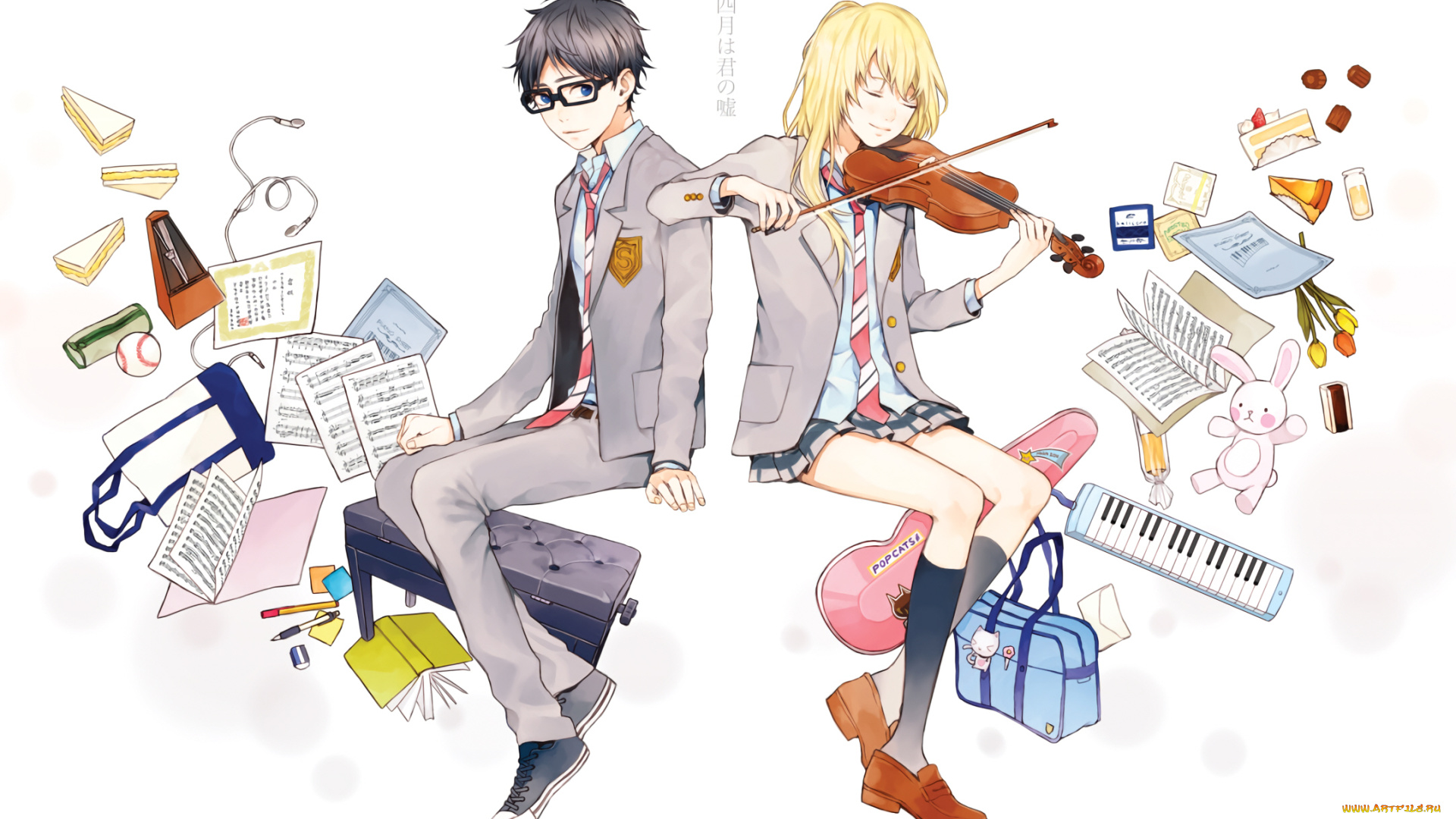 аниме, shigatsu, wa, kimi, no, uso, двое