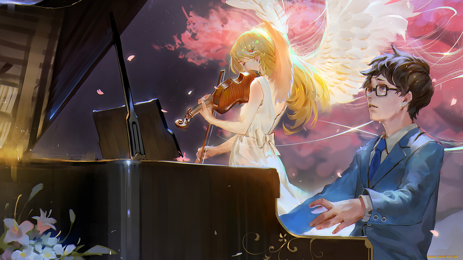 аниме, shigatsu, wa, kimi, no, uso, двое