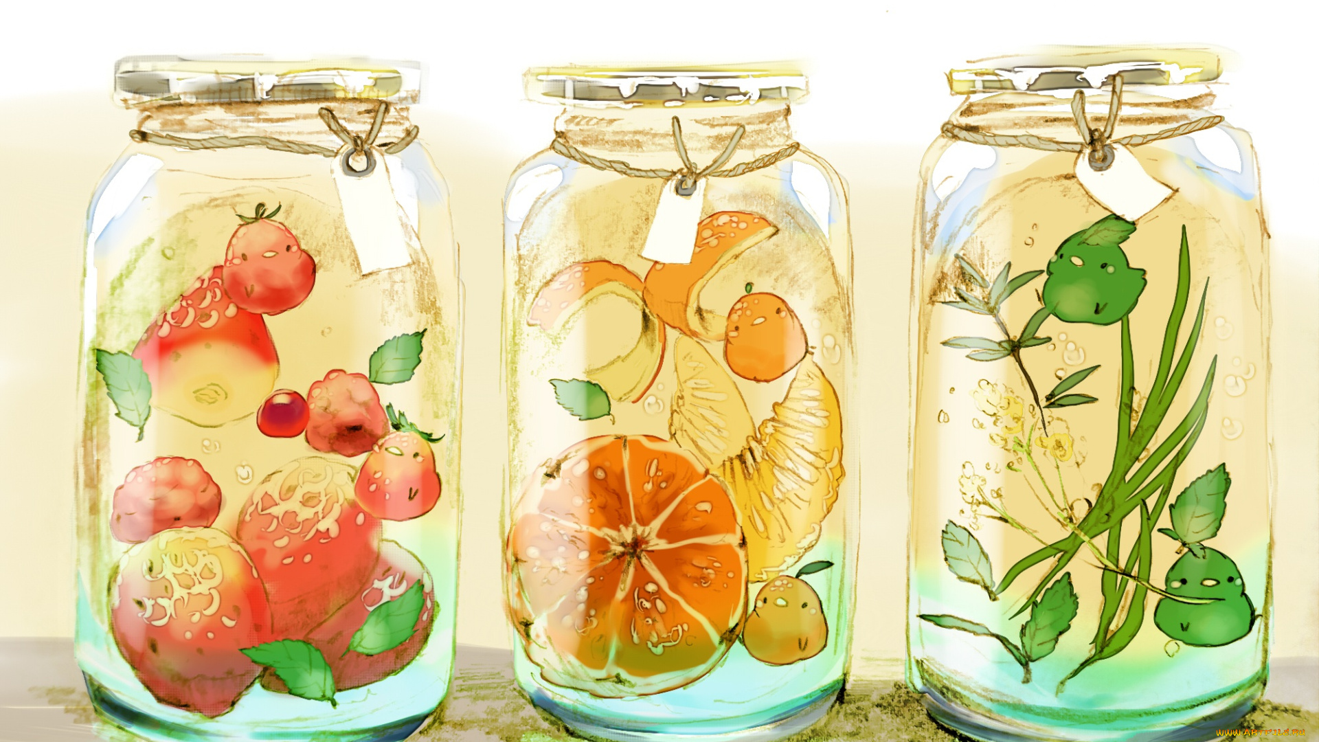 аниме, животные, , существа, бирка, банки, клубника, существа, птички, три, апельсин, крышки, листья
