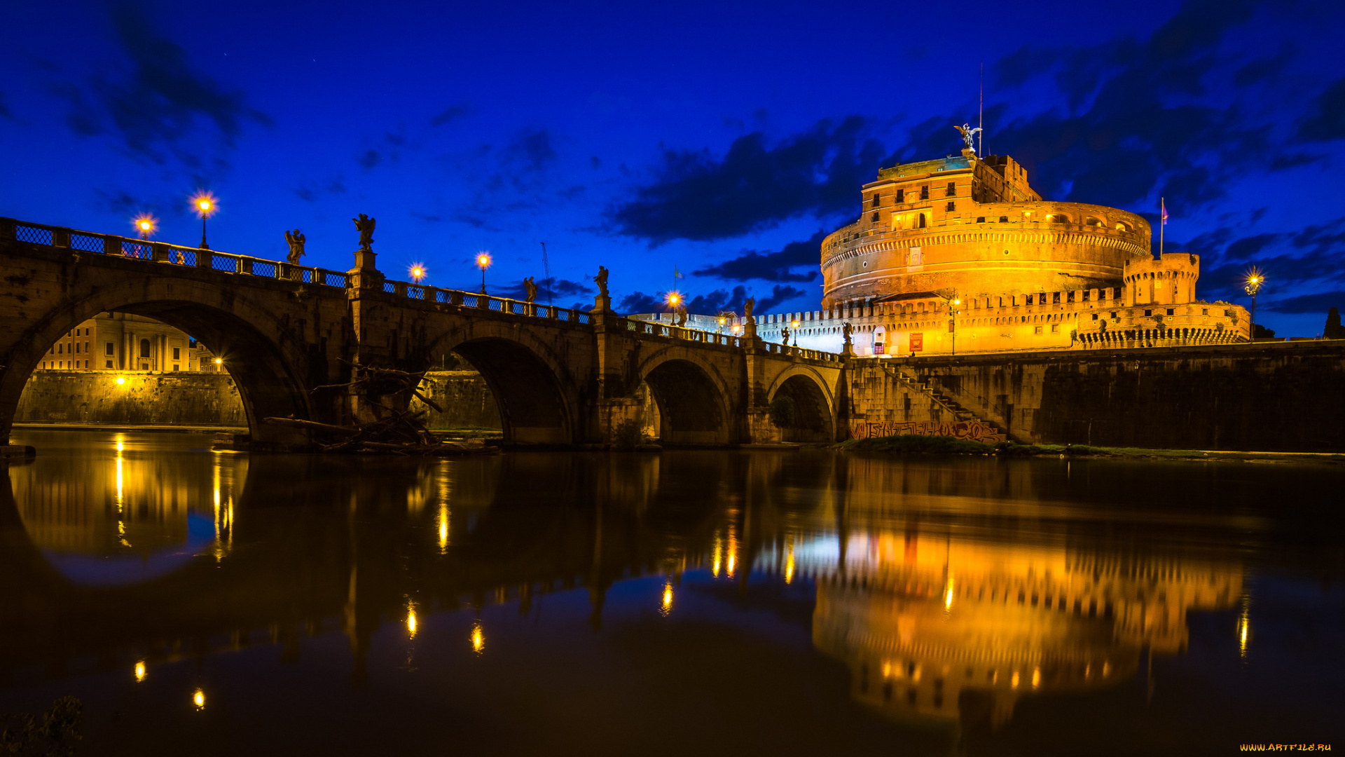 города, рим, , ватикан, , италия, небо, река, тибр, замок, святого, ангела, мост, облака