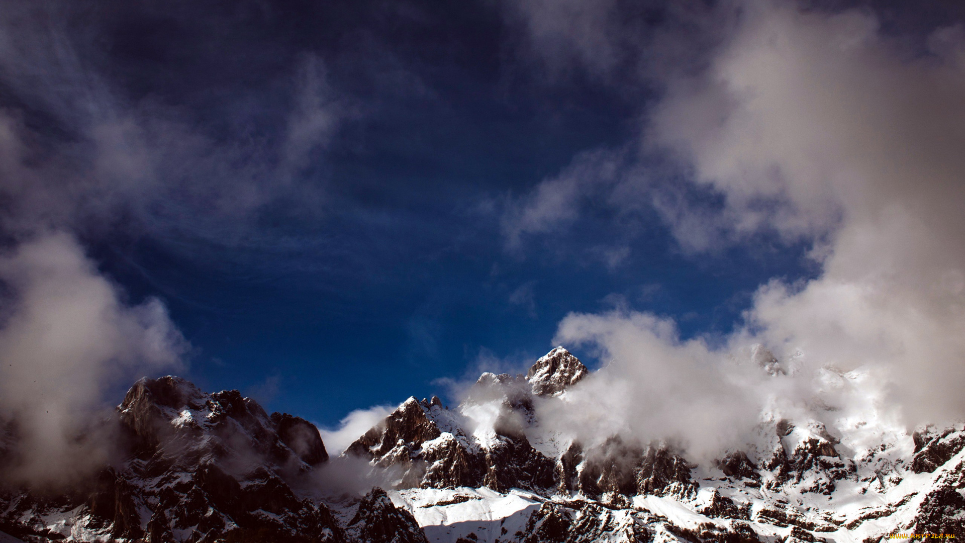 природа, горы, вершины, снег, облака