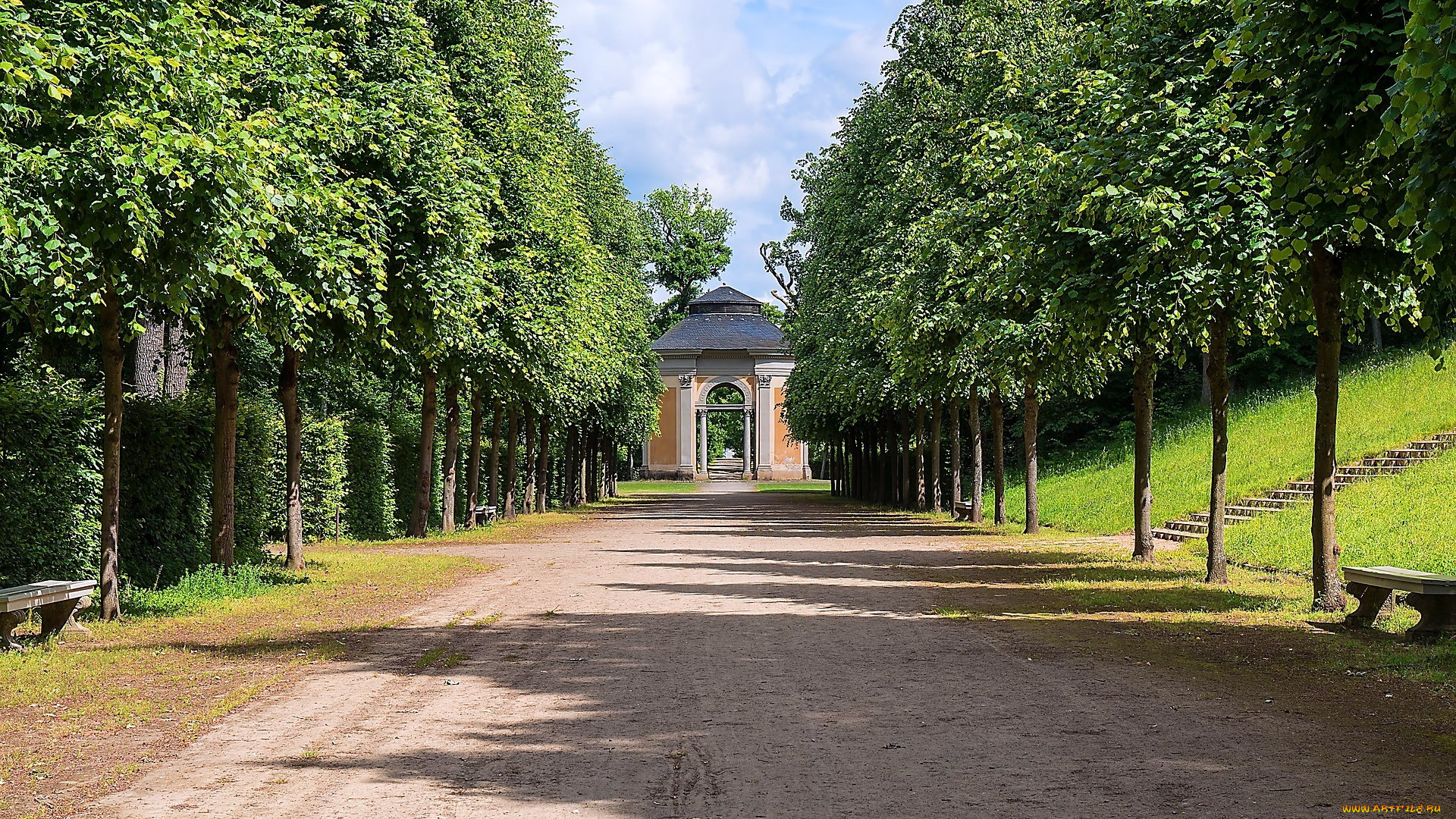 природа, парк, ворота, скамейки, аллея