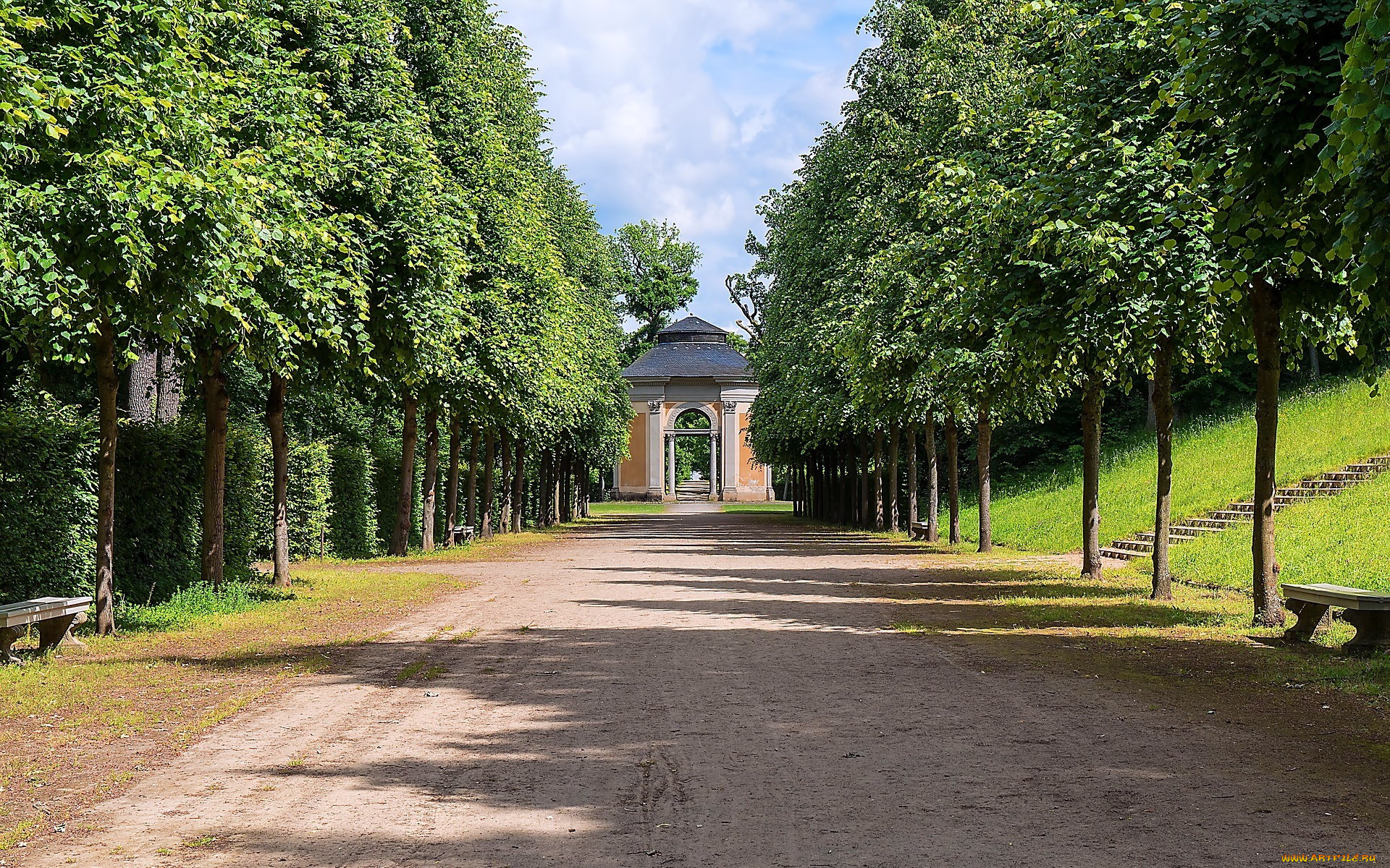 природа, парк, ворота, скамейки, аллея