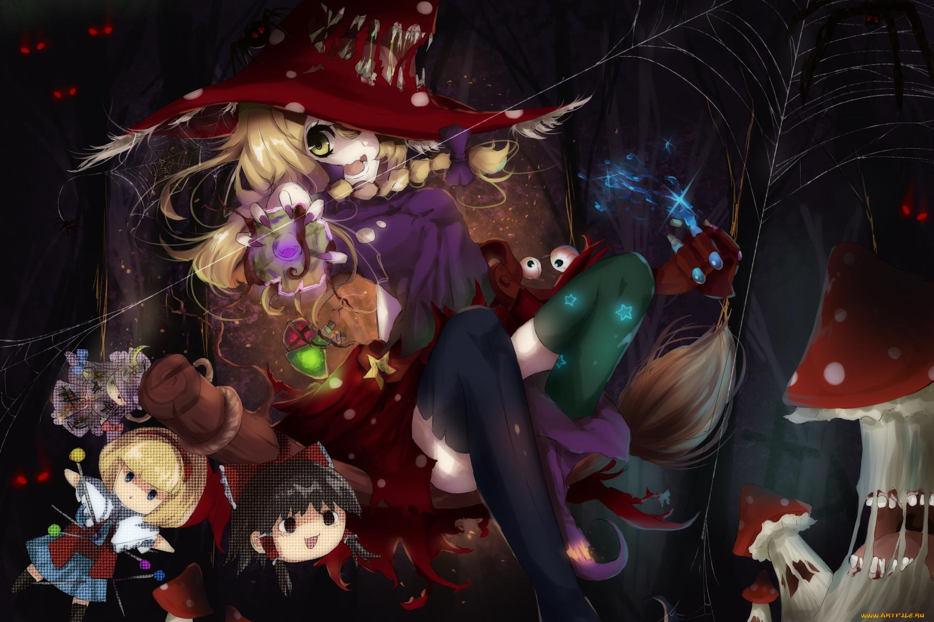 аниме, touhou, грибы, метла, шляпа, девушка