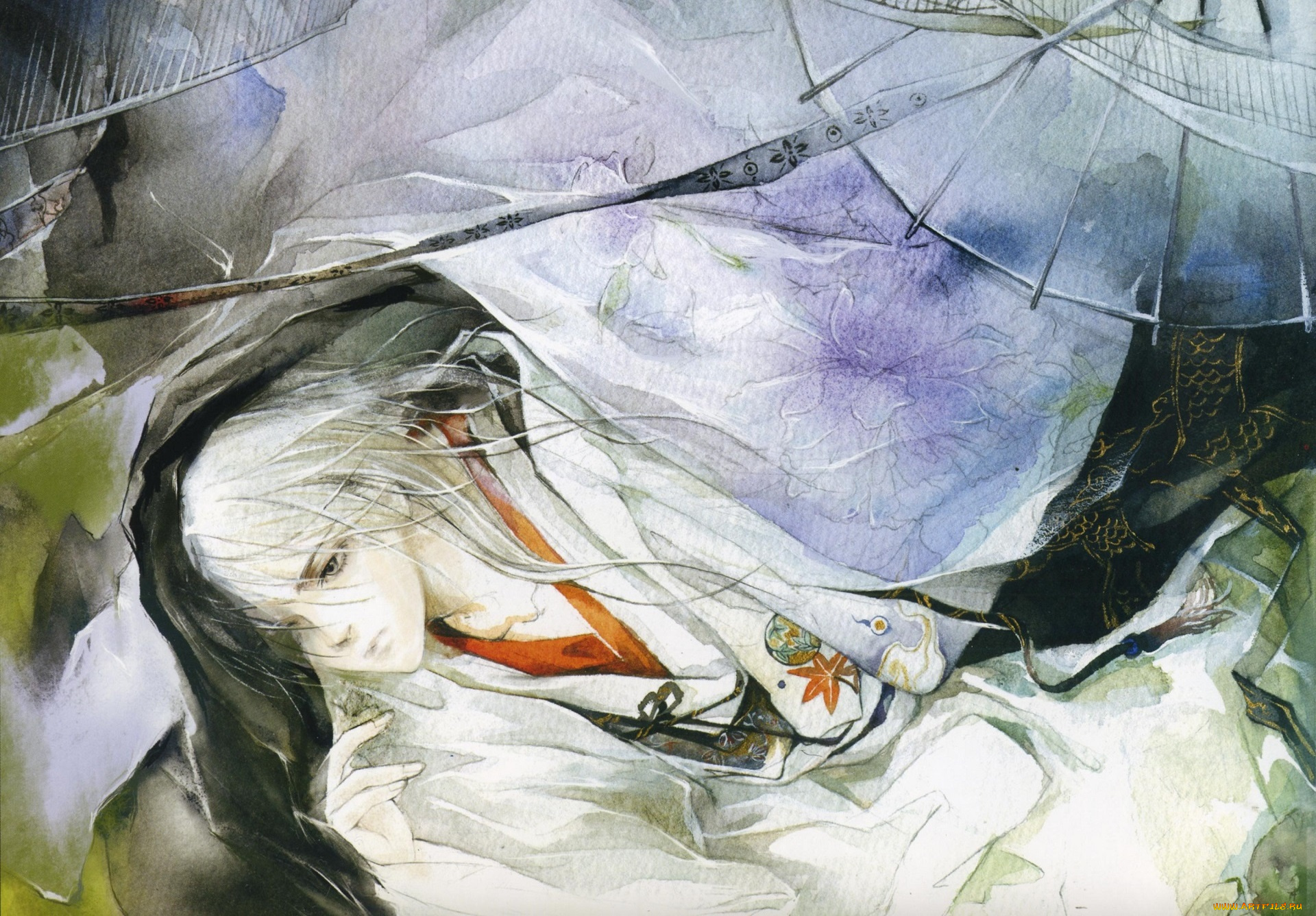 аниме, unknown, , другое, акварель, длинные, белые, волосы, зонт, японская, одежда, парень, art, русунок, eno