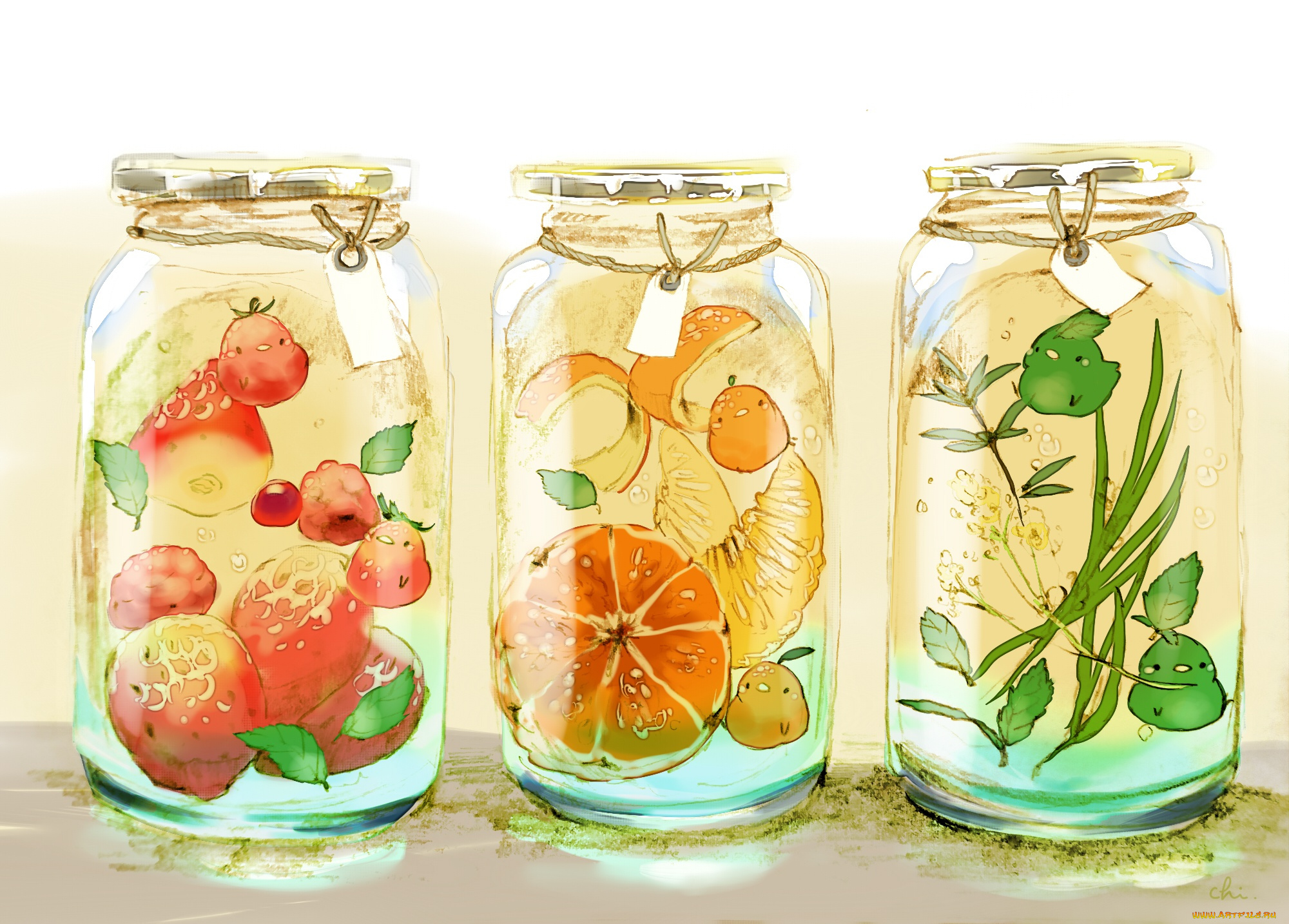 аниме, животные, , существа, бирка, банки, клубника, существа, птички, три, апельсин, крышки, листья