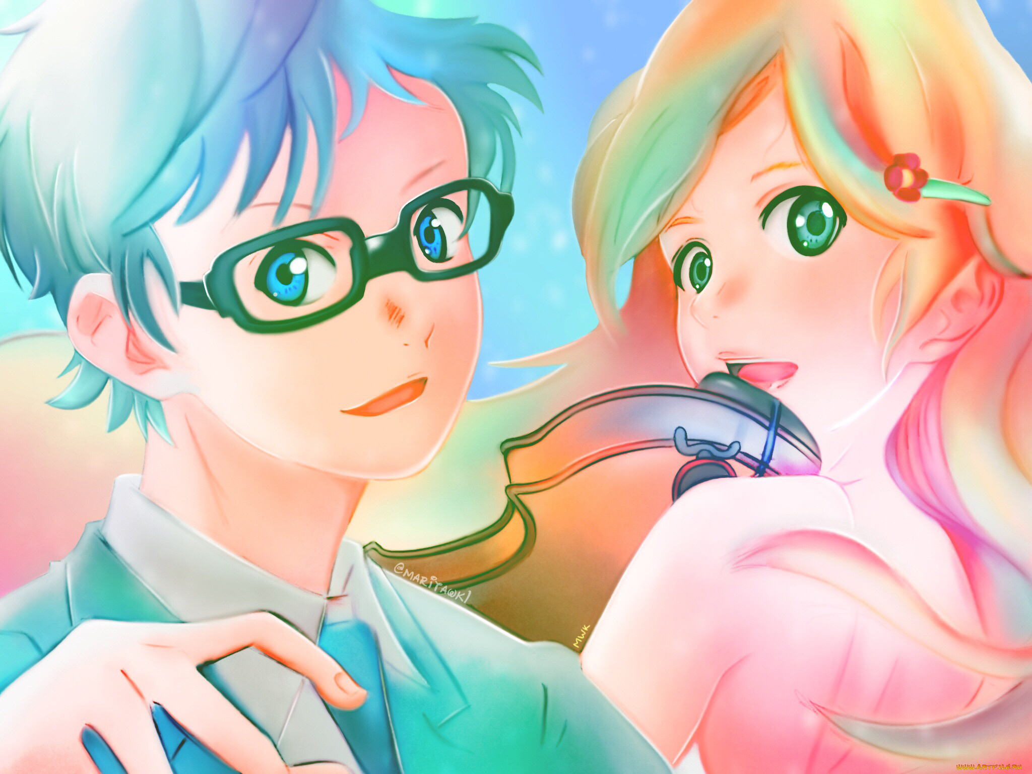 аниме, shigatsu, wa, kimi, no, uso, двое