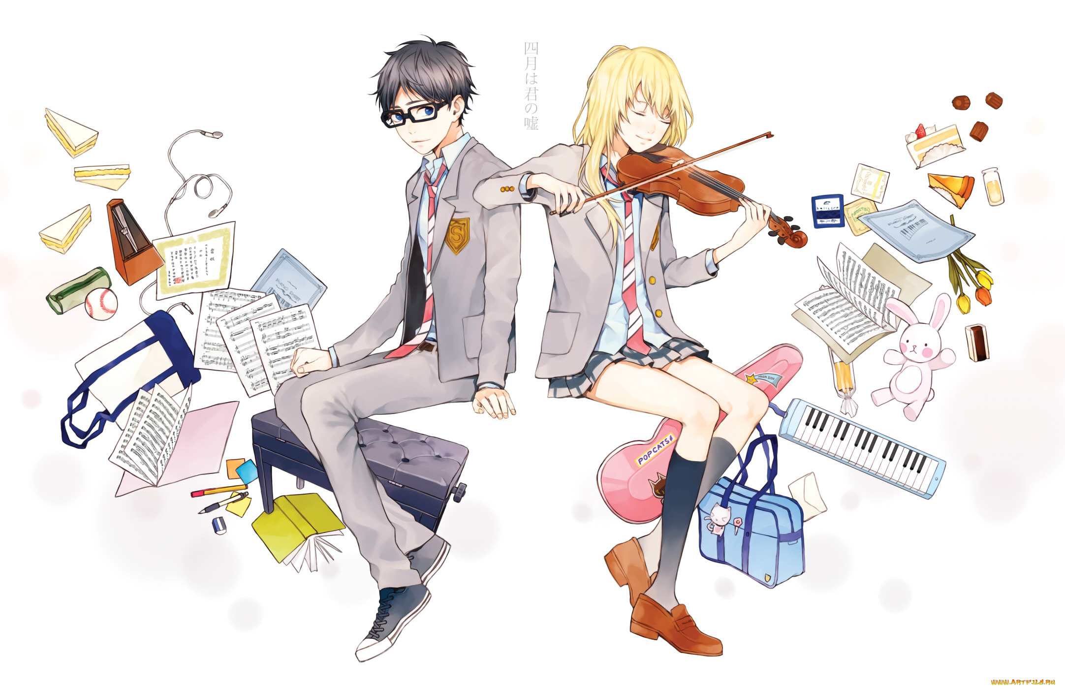 аниме, shigatsu, wa, kimi, no, uso, двое