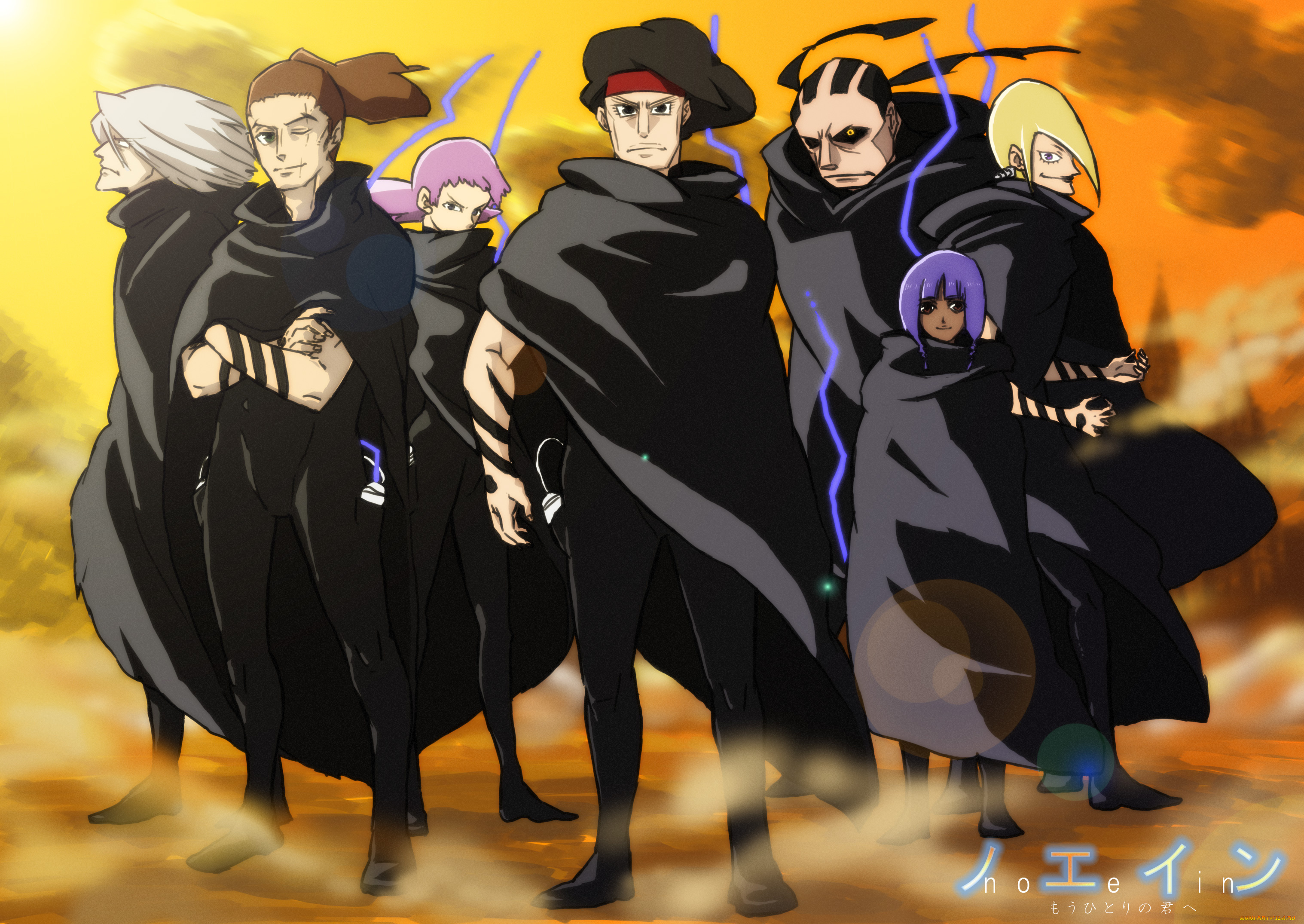 аниме, noein, туман, плащи, персонажи