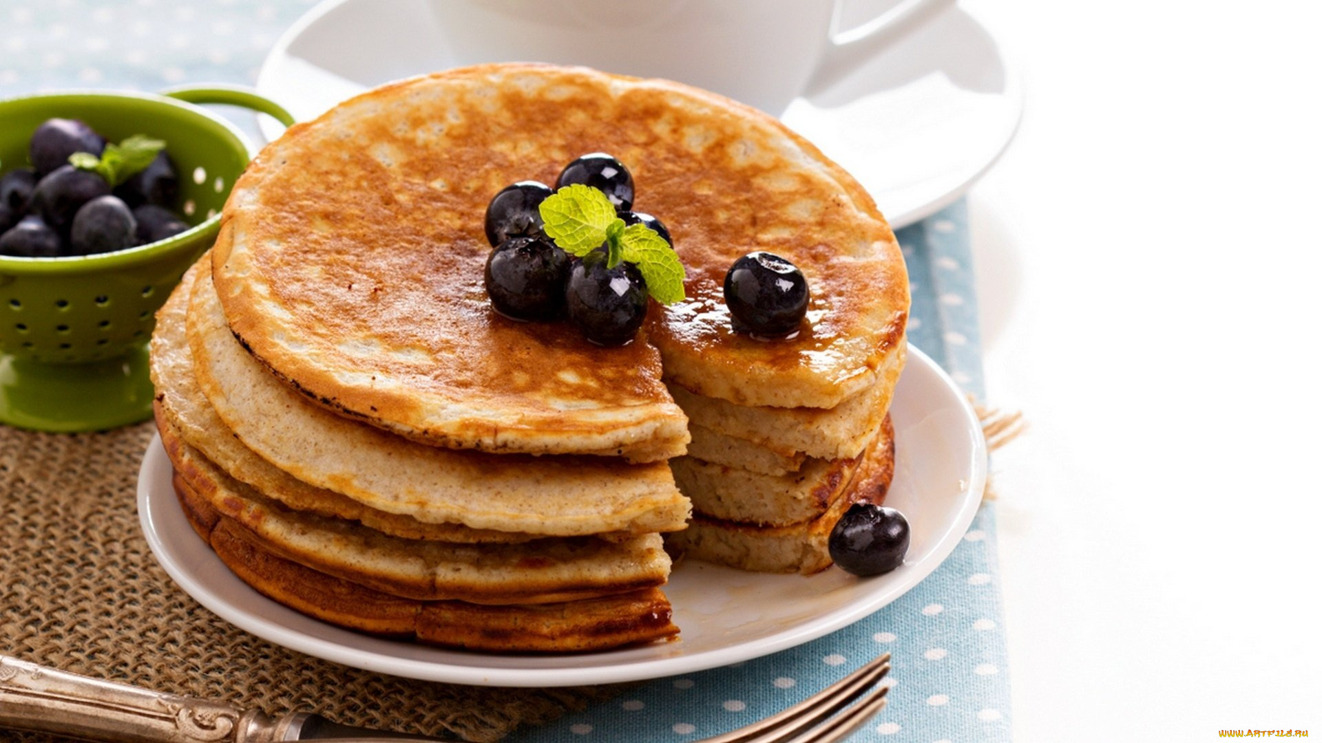 еда, блины, , оладьи, мята, черника