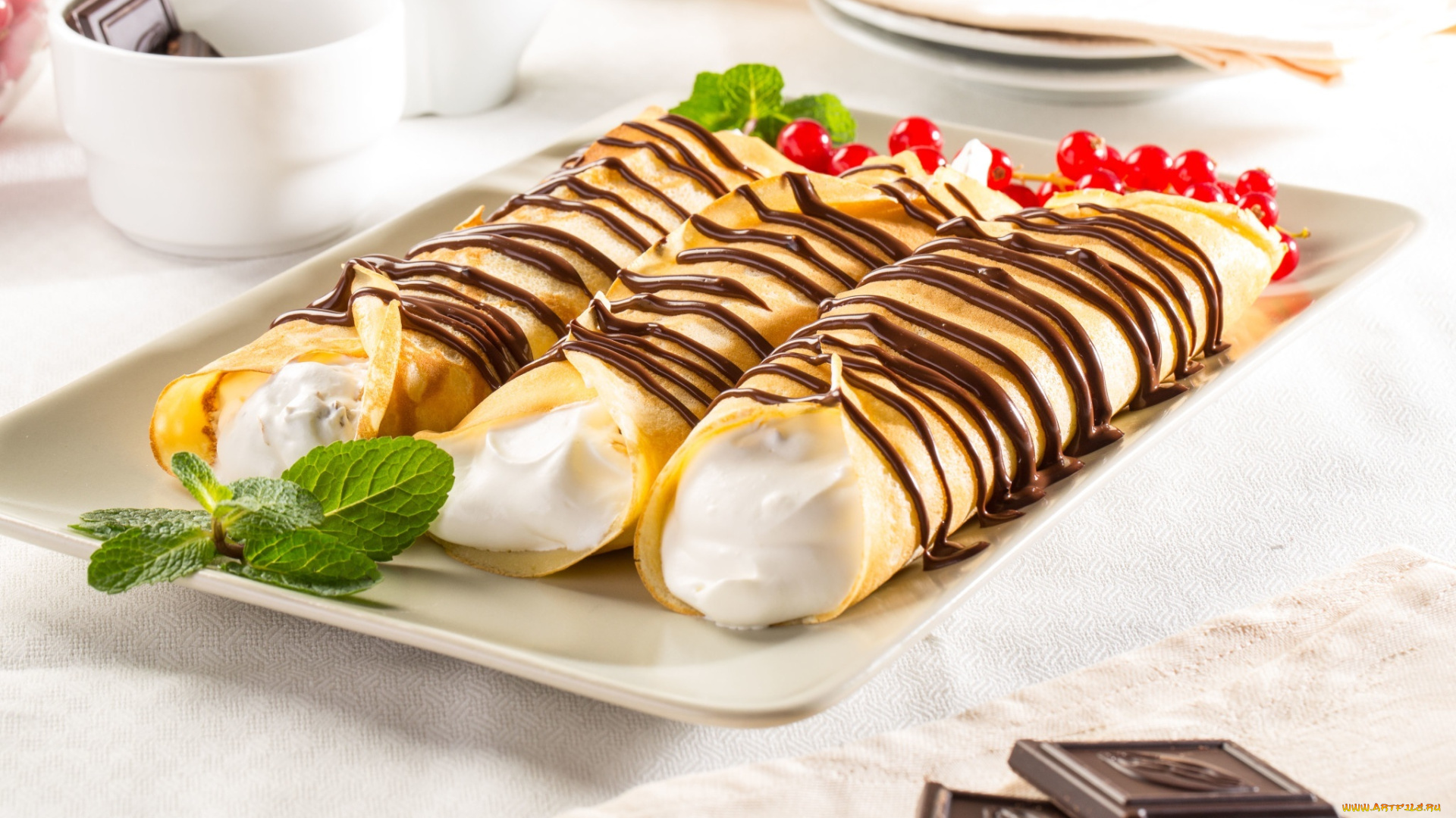 еда, блины, , оладьи, шоколад, блинчики, десерт, мята