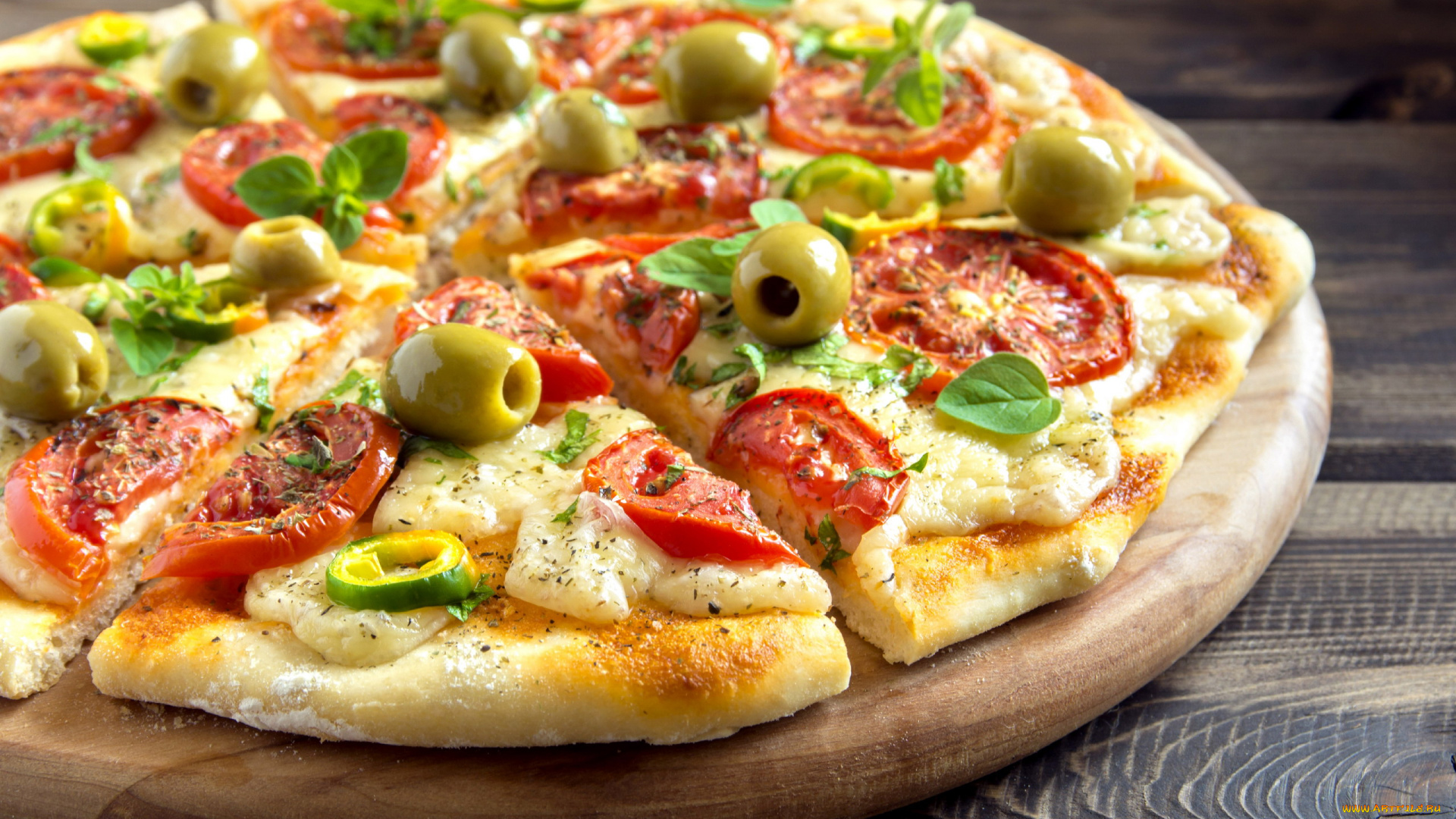 еда, пицца, маслины, помидоры, базилик