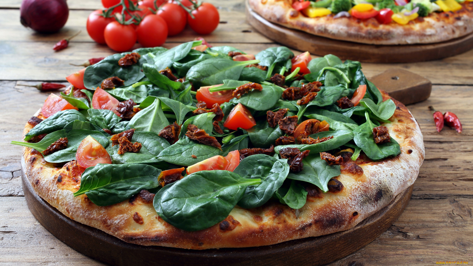 еда, пицца, помидоры, шпинат, томаты