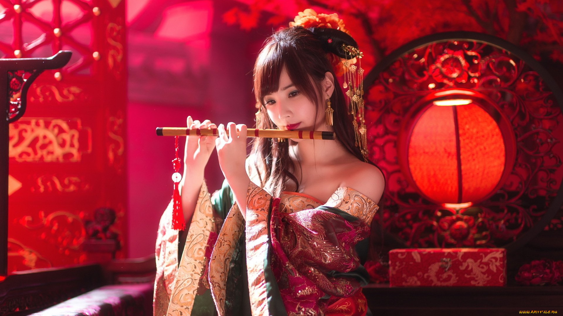 музыка, -другое, азиатка, дудка, девушка