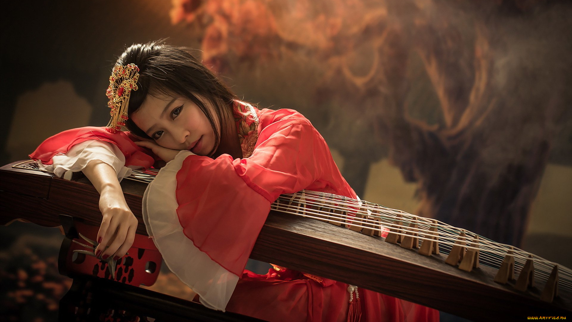 музыка, -другое, азиатка, инструмент, взгляд, девушка