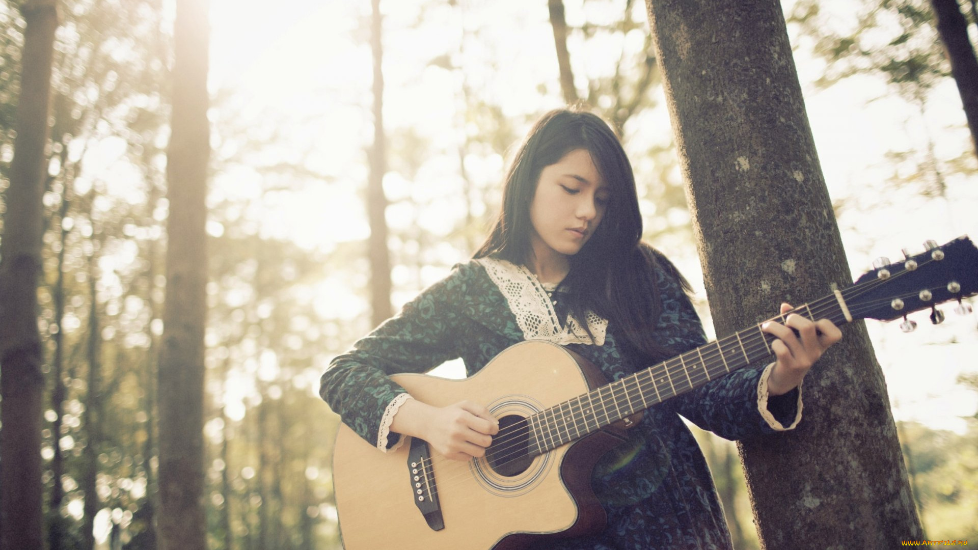 музыка, -другое, деревья, гитара, девушка