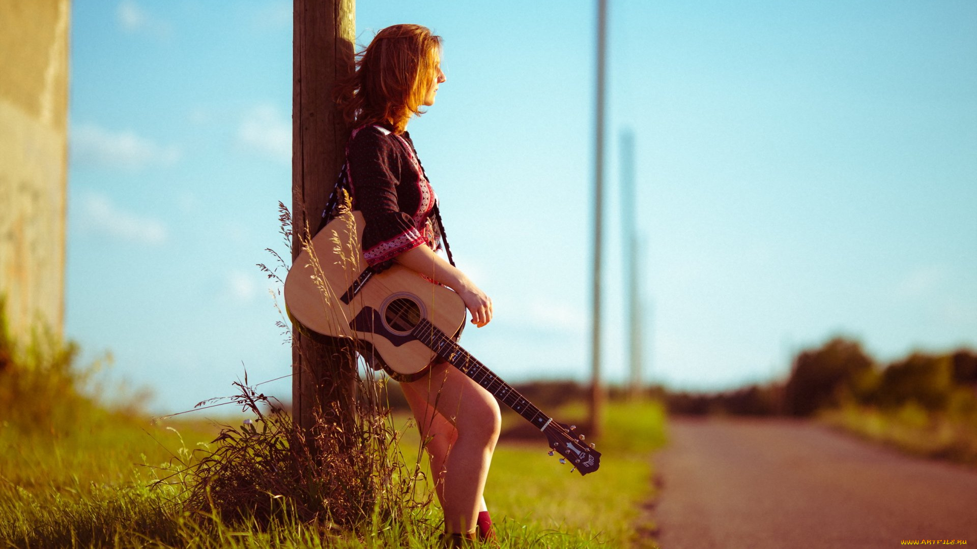 музыка, -другое, гитара, девушка, столб