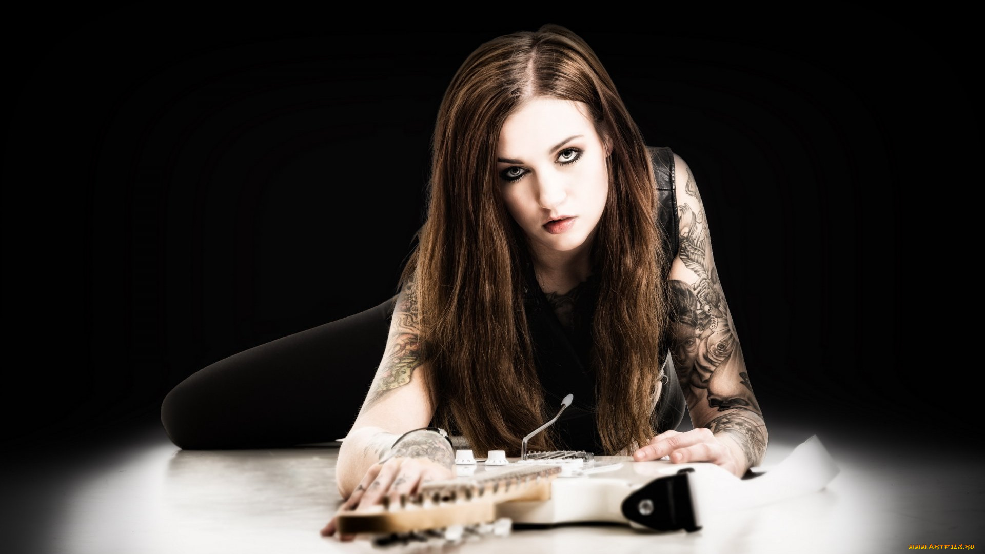 музыка, -другое, гитара, взгляд, девушка, тату