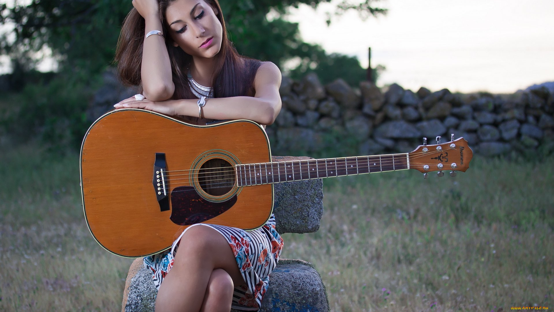 музыка, -другое, камни, гитара, девушка, природа