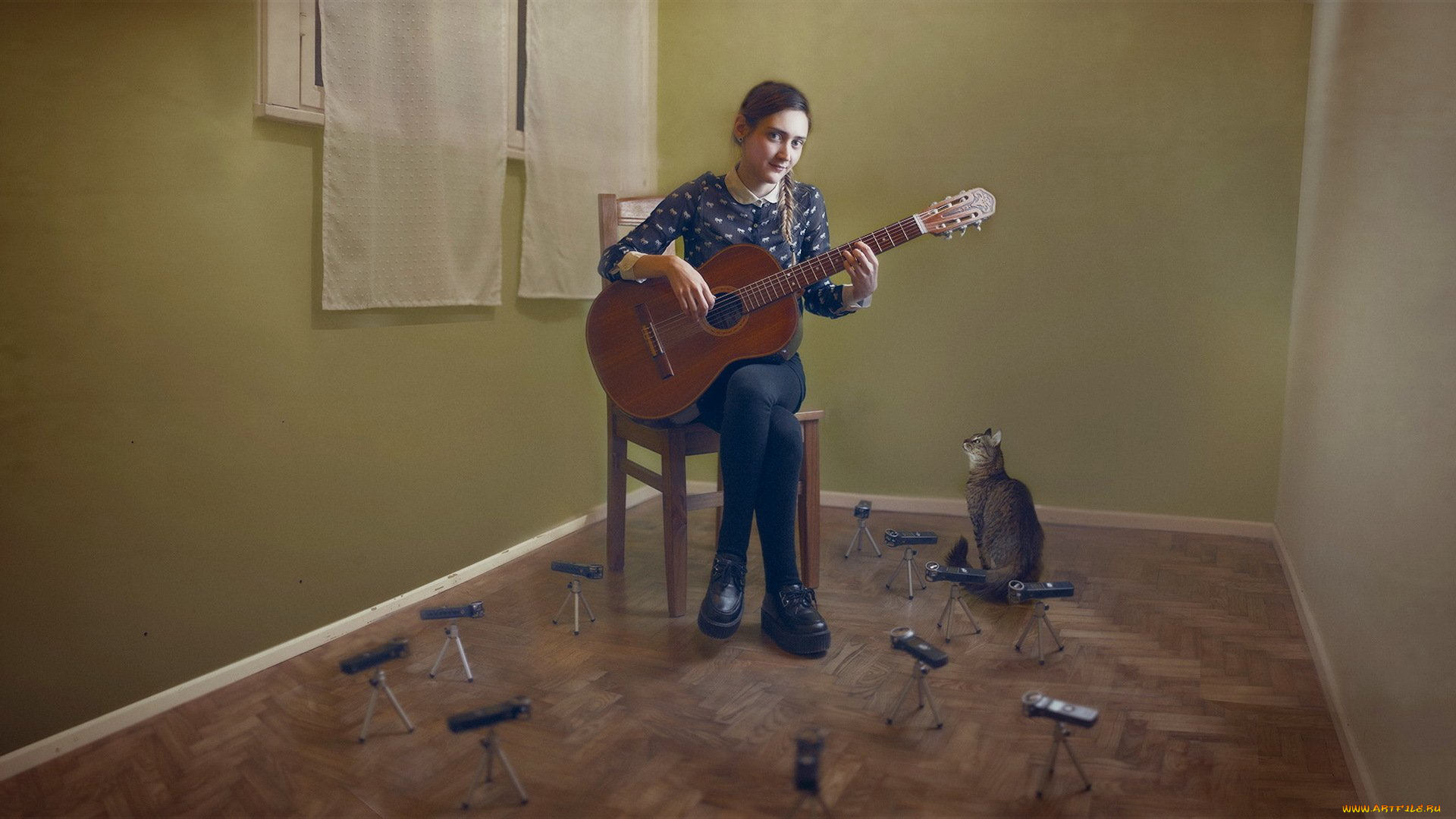 музыка, -другое, комната, кошка, гитара, взгляд, девушка