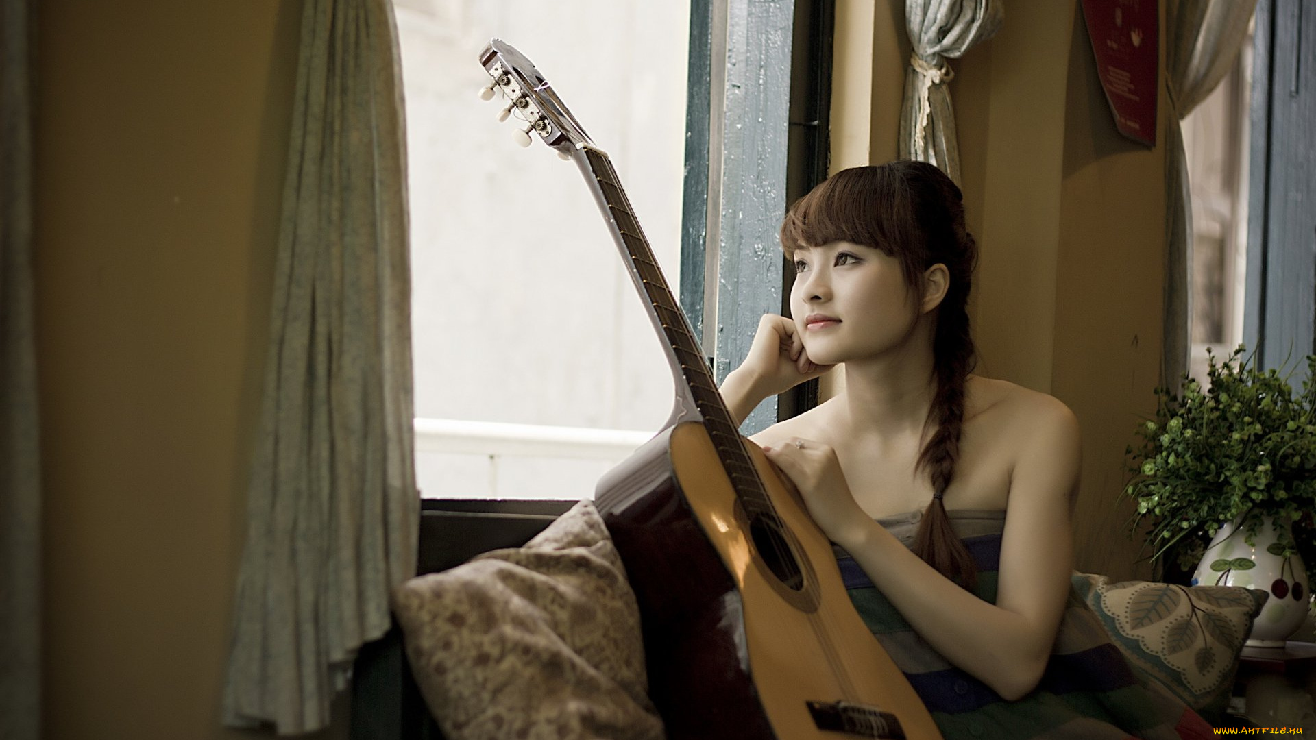 музыка, -другое, комната, окно, гитара, взгляд, девушка