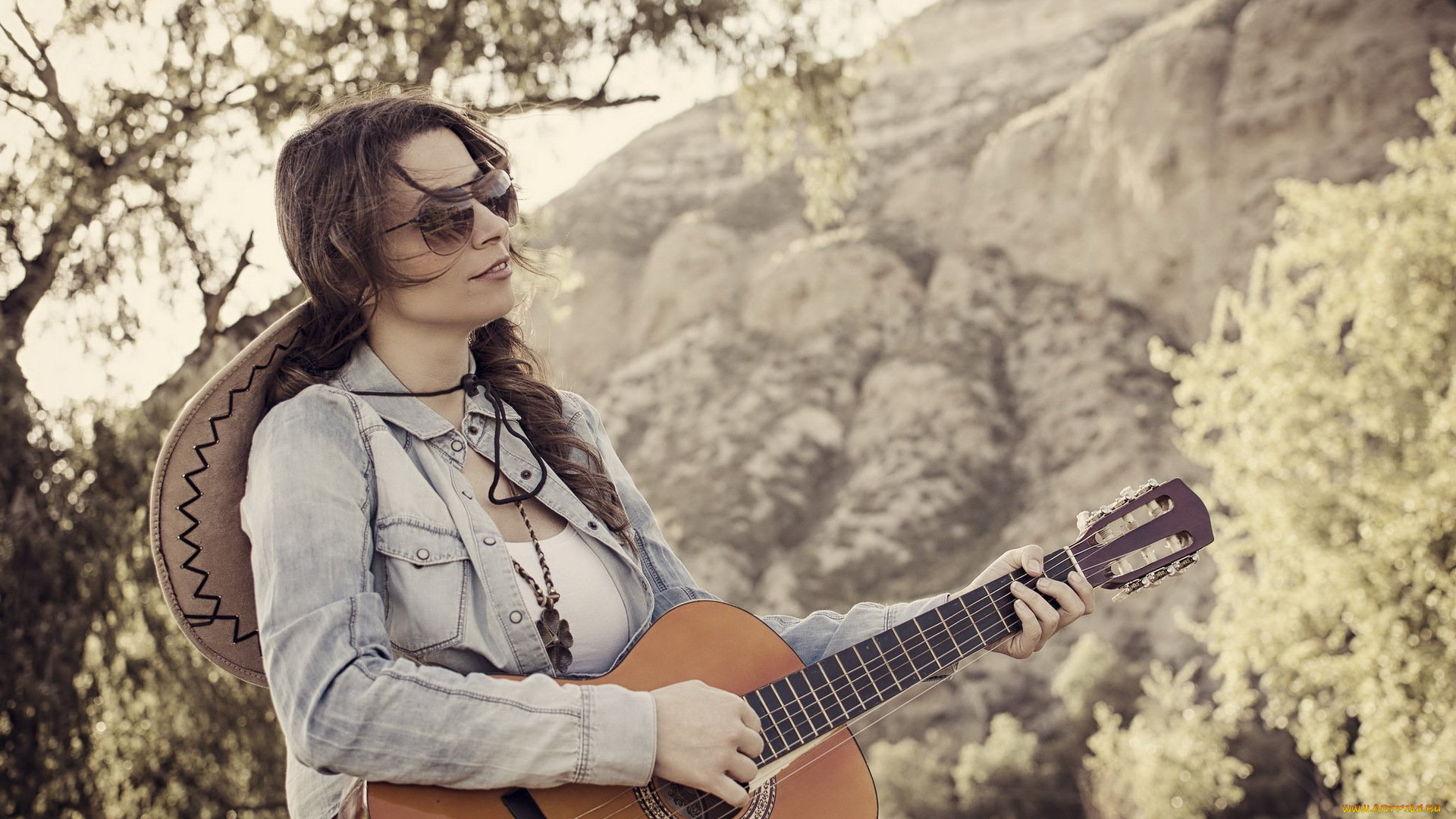 музыка, -другое, природа, гора, очки, гитара, девушка, шляпа